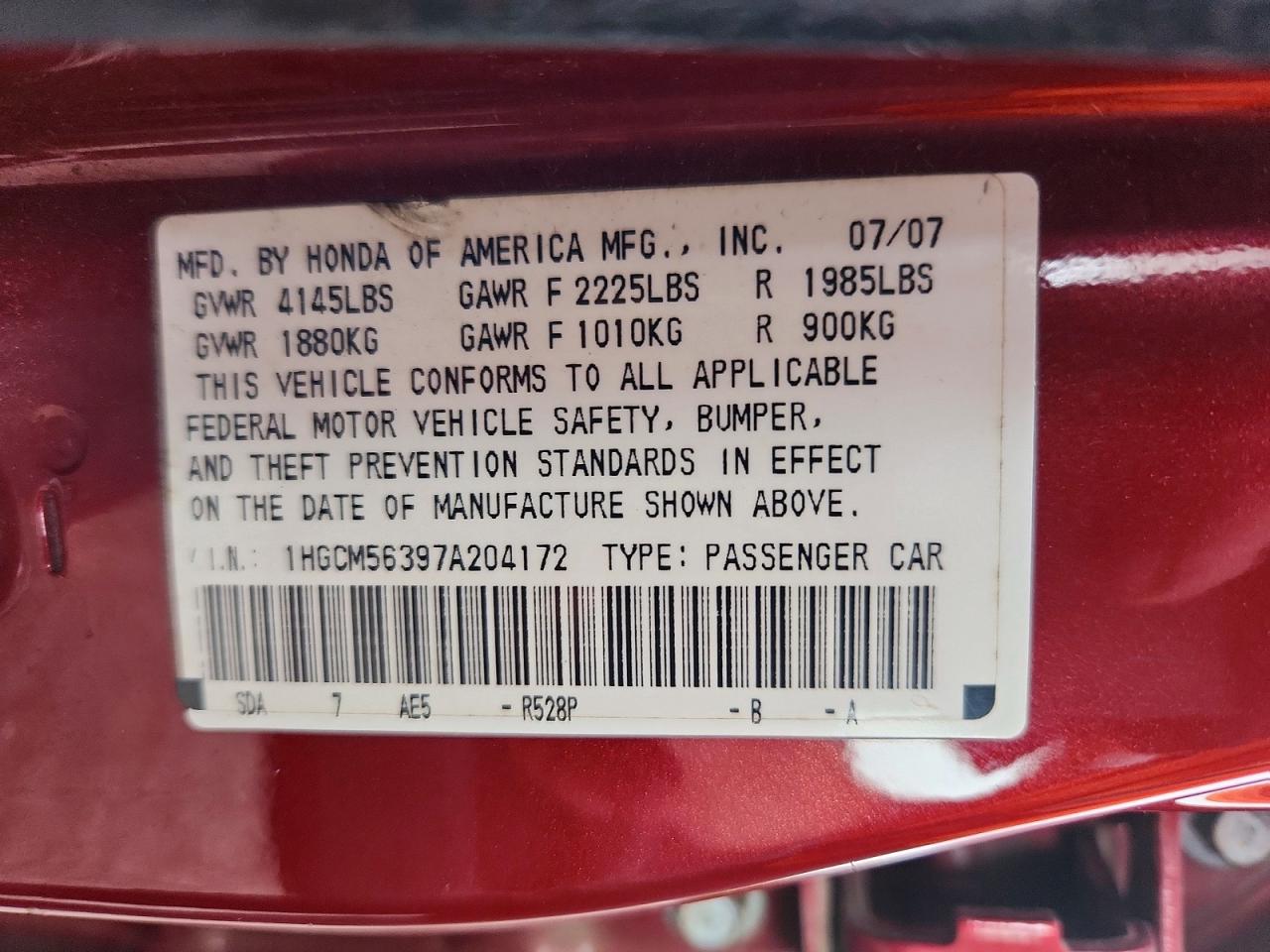 2007 Honda Accord Se Red vin: 1HGCM56397A204172
