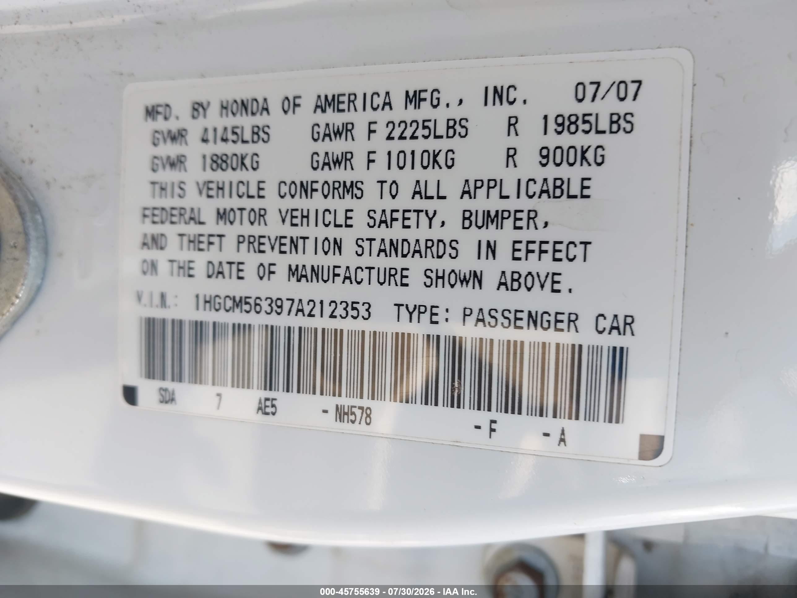 2007 Honda Accord 2.4 Se White vin: 1HGCM56397A212353