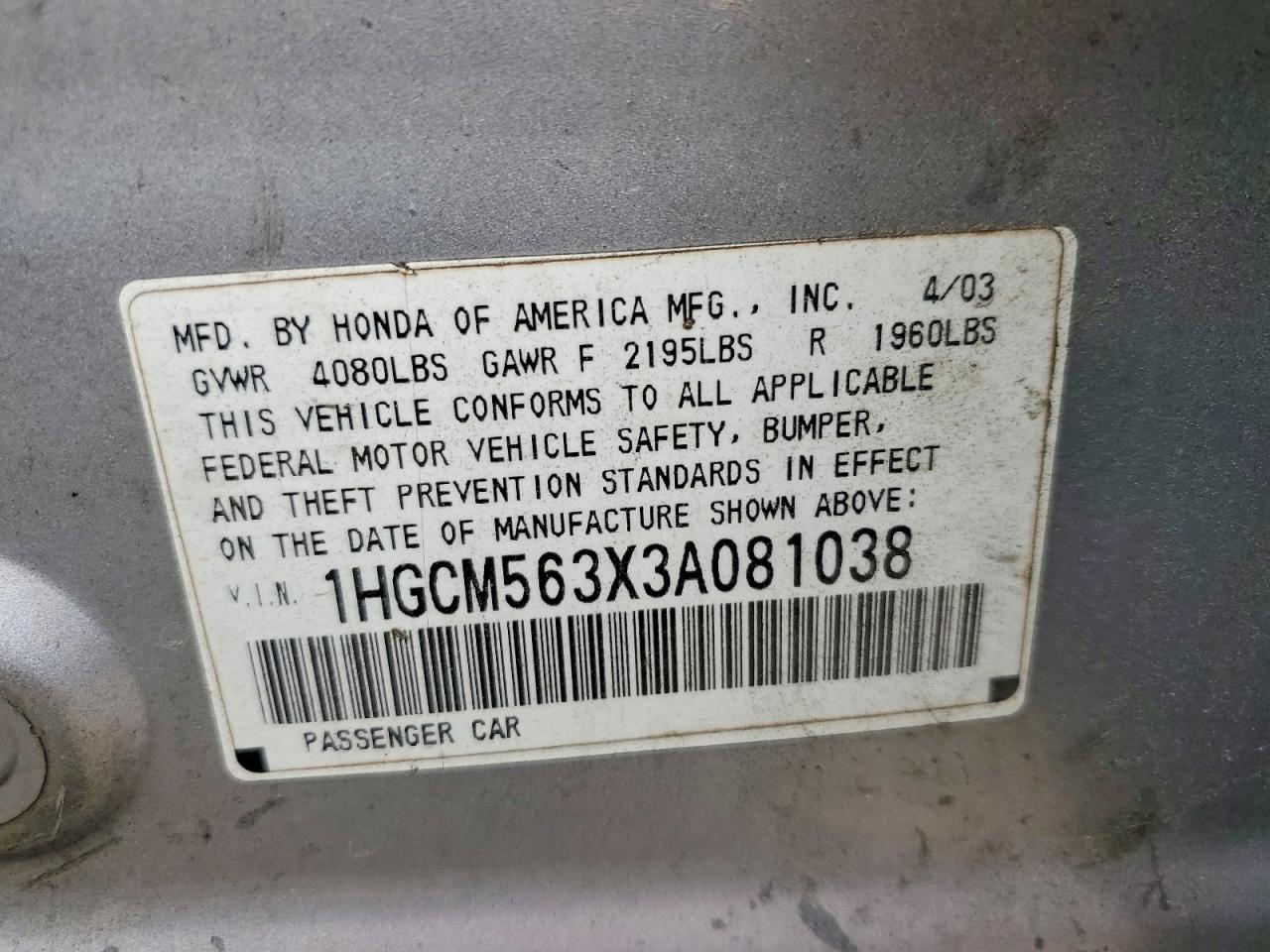 2003 Honda Accord Lx Silver vin: 1HGCM563X3A081038
