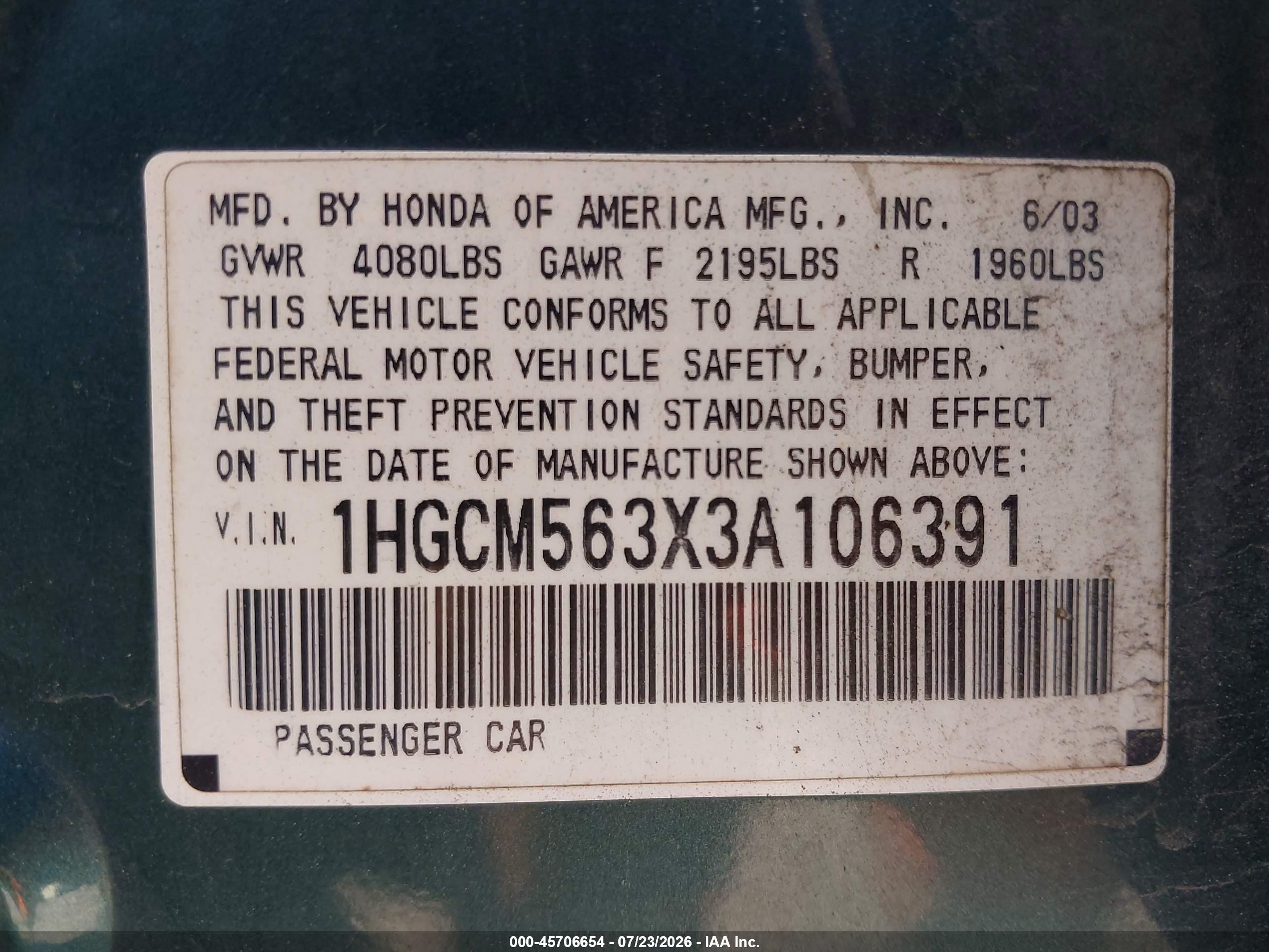 2003 Honda Accord Sdn Lx Зеленый vin: 1HGCM563X3A106391