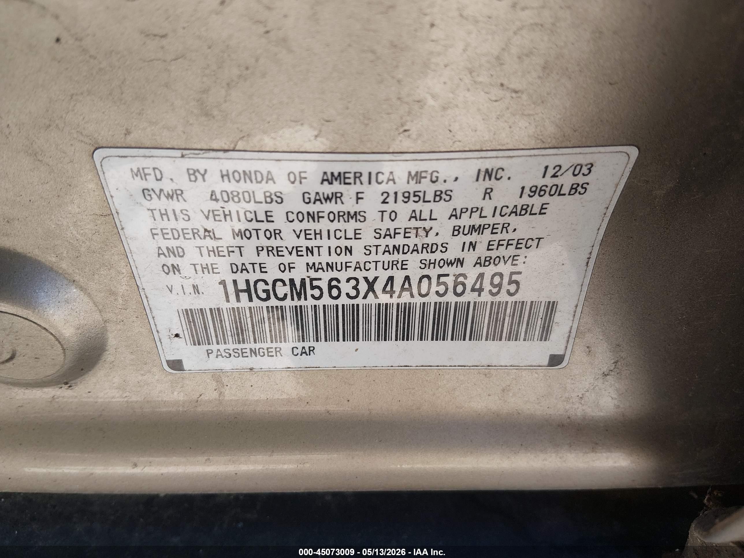 2004 Honda Accord 2.4 Lx Tan vin: 1HGCM563X4A056495