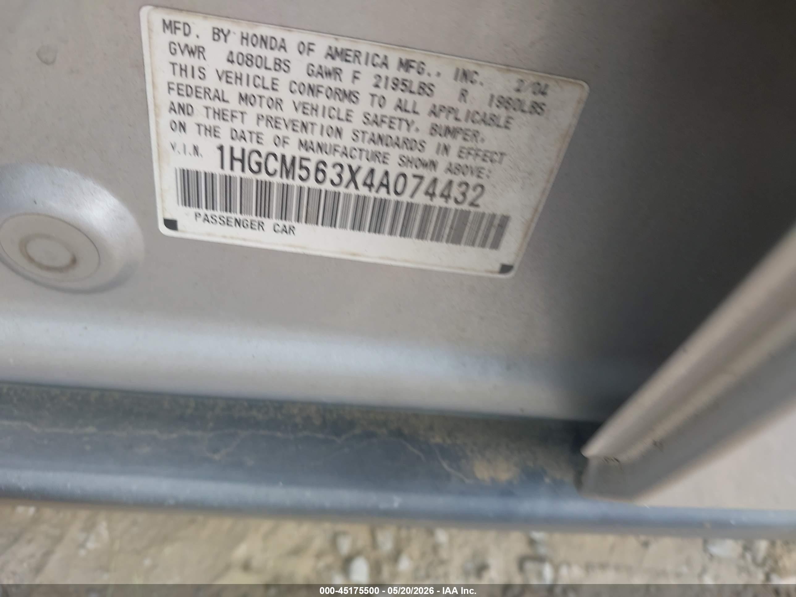 2004 Honda Accord 2.4 Lx Silver vin: 1HGCM563X4A074432
