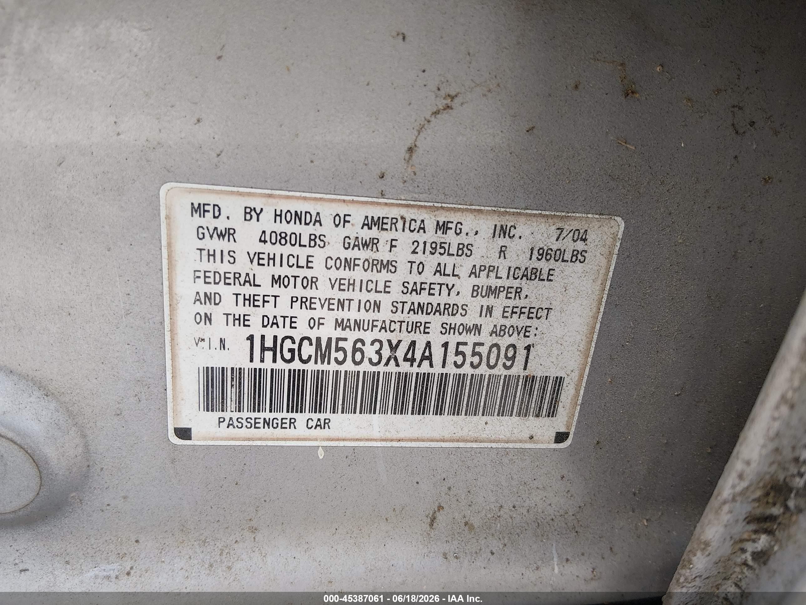 2004 Honda Accord 2.4 Lx Серебряный vin: 1HGCM563X4A155091