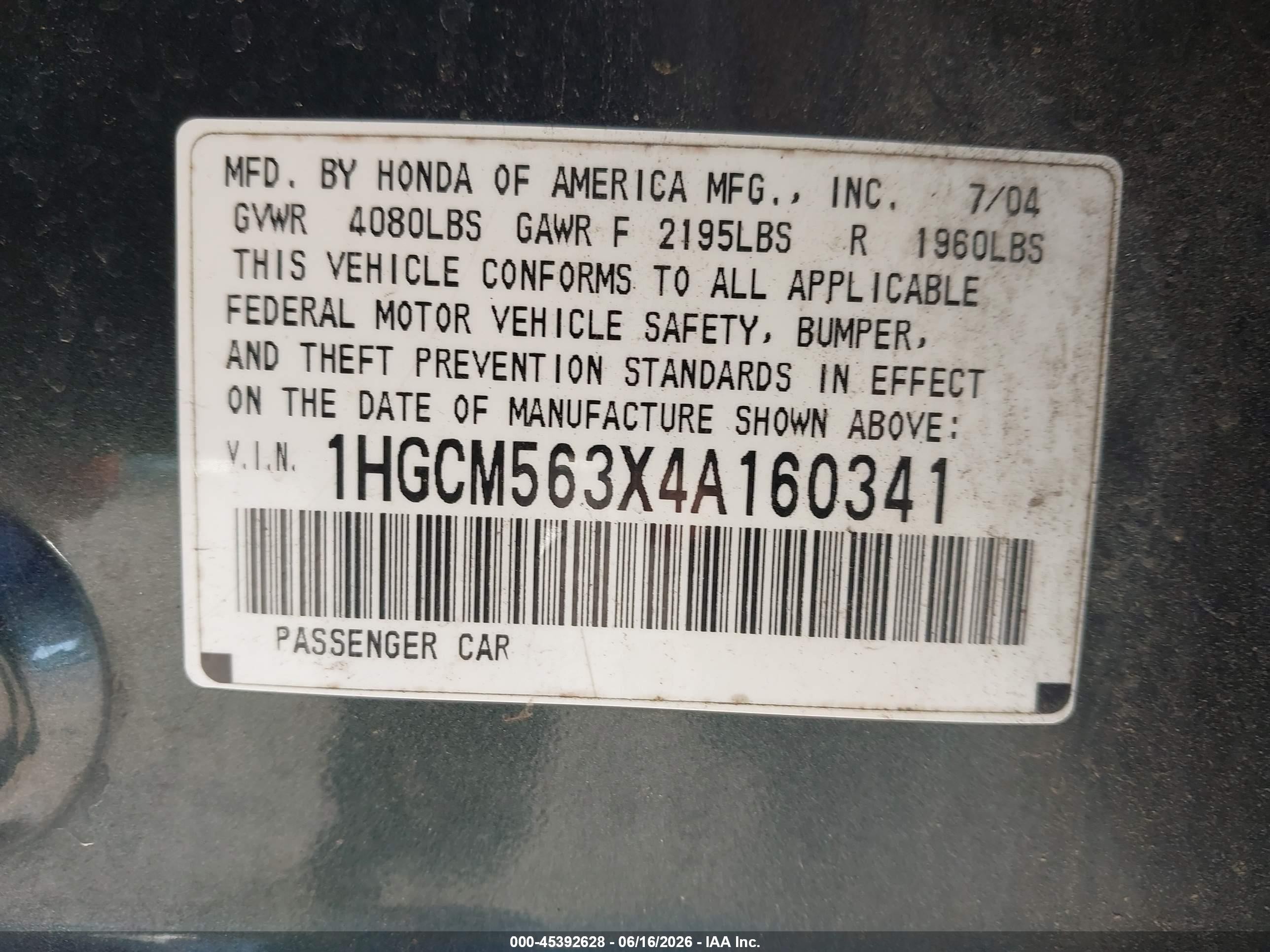 2004 Honda Accord 2.4 Lx Green vin: 1HGCM563X4A160341