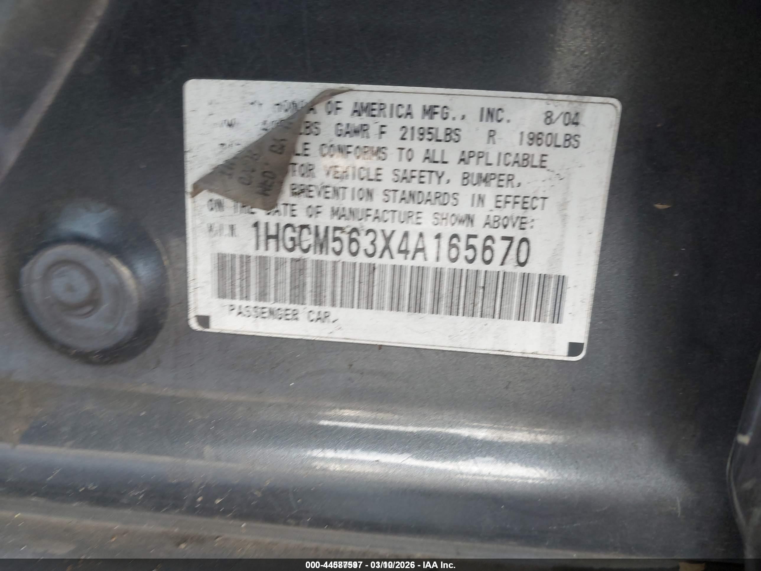 2004 Honda Accord 2.4 Lx Gray vin: 1HGCM563X4A165670