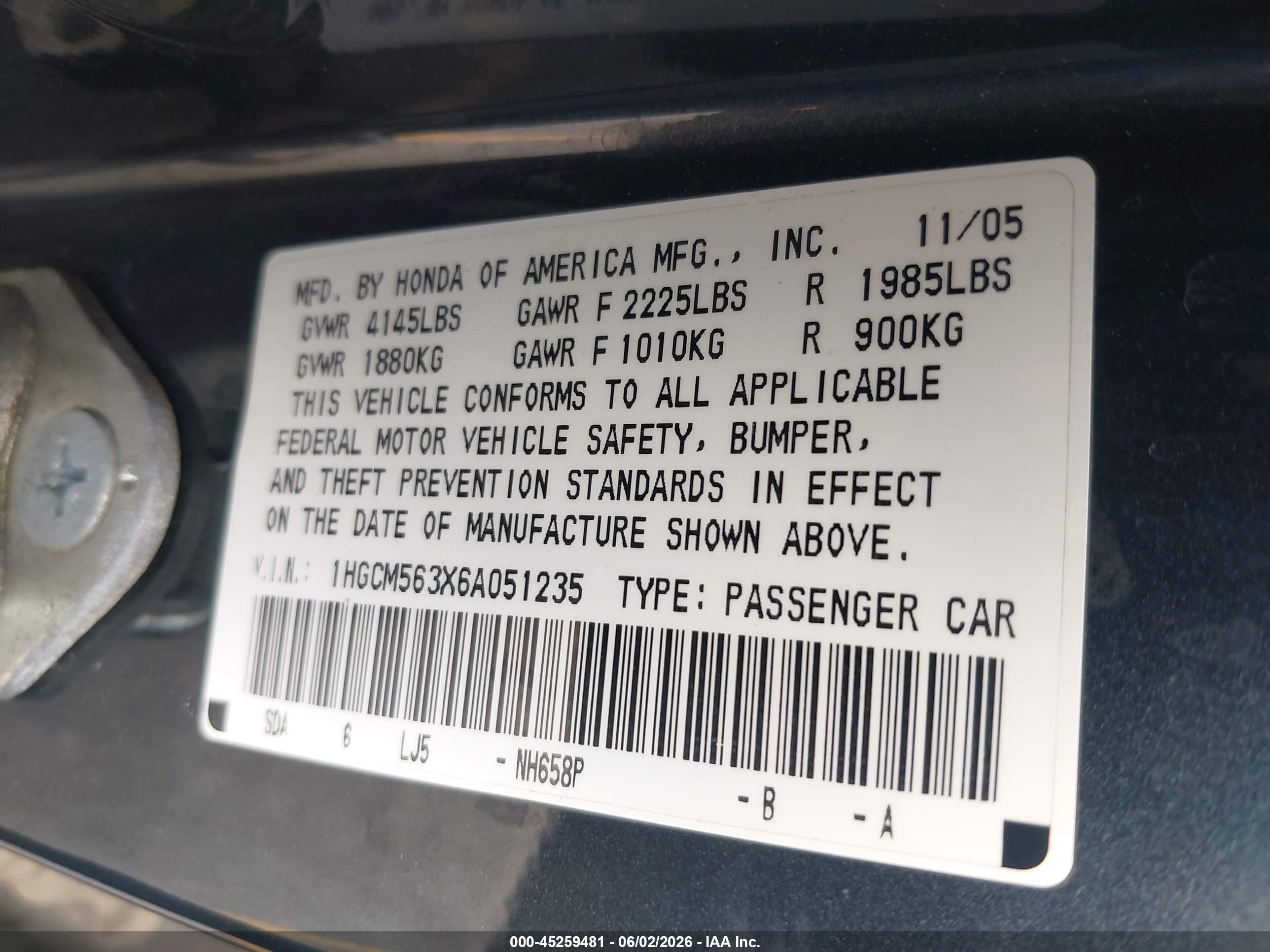 2006 Honda Accord 2.4 Se Черный vin: 1HGCM563X6A051235