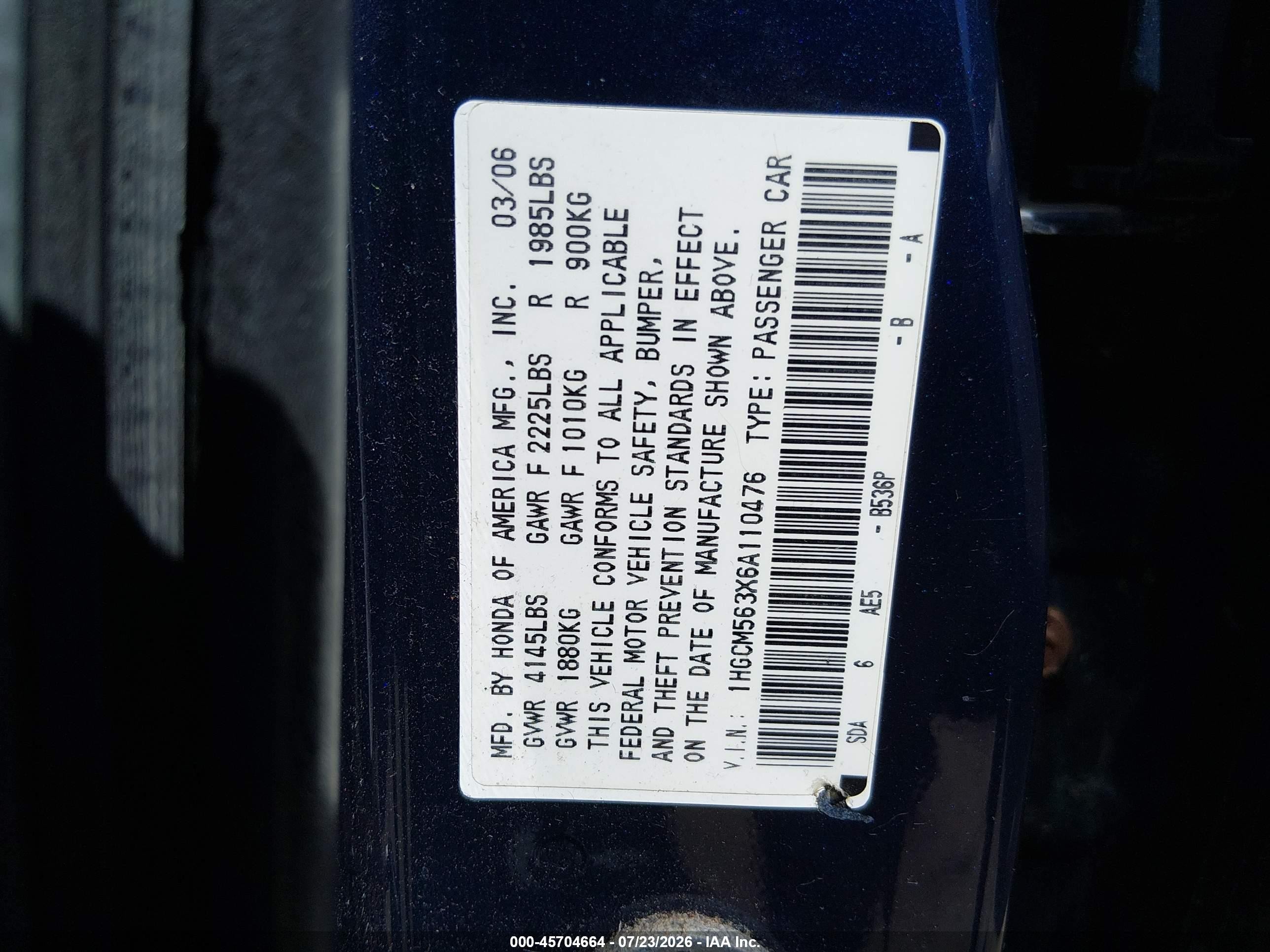 2006 Honda Accord 2.4 Se Blue vin: 1HGCM563X6A110476