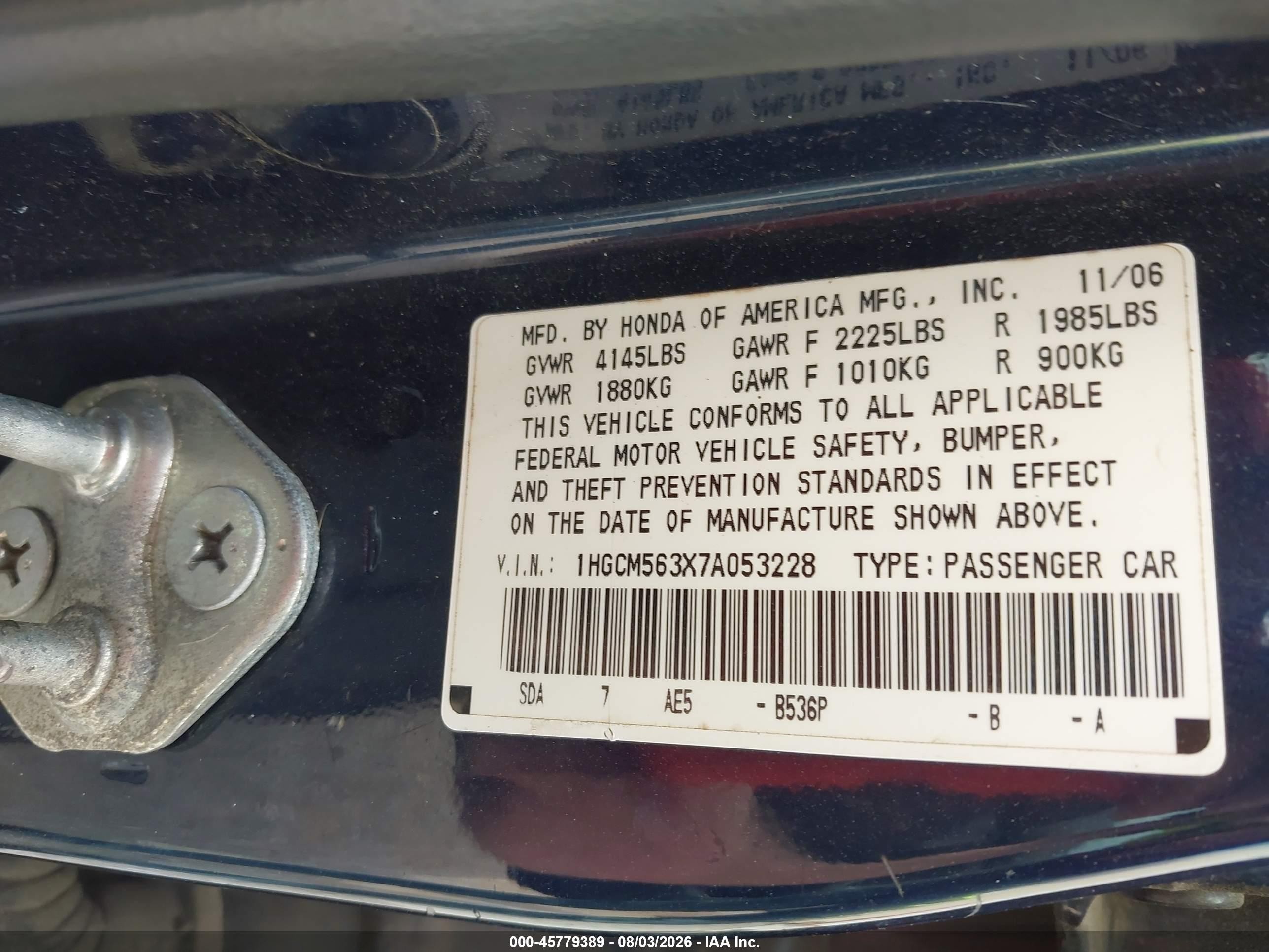 2007 Honda Accord 2.4 Se Blue vin: 1HGCM563X7A053228