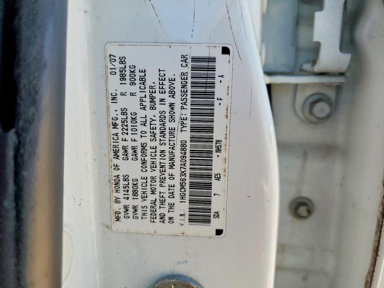 2007 Honda Accord Se White vin: 1HGCM563X7A094880