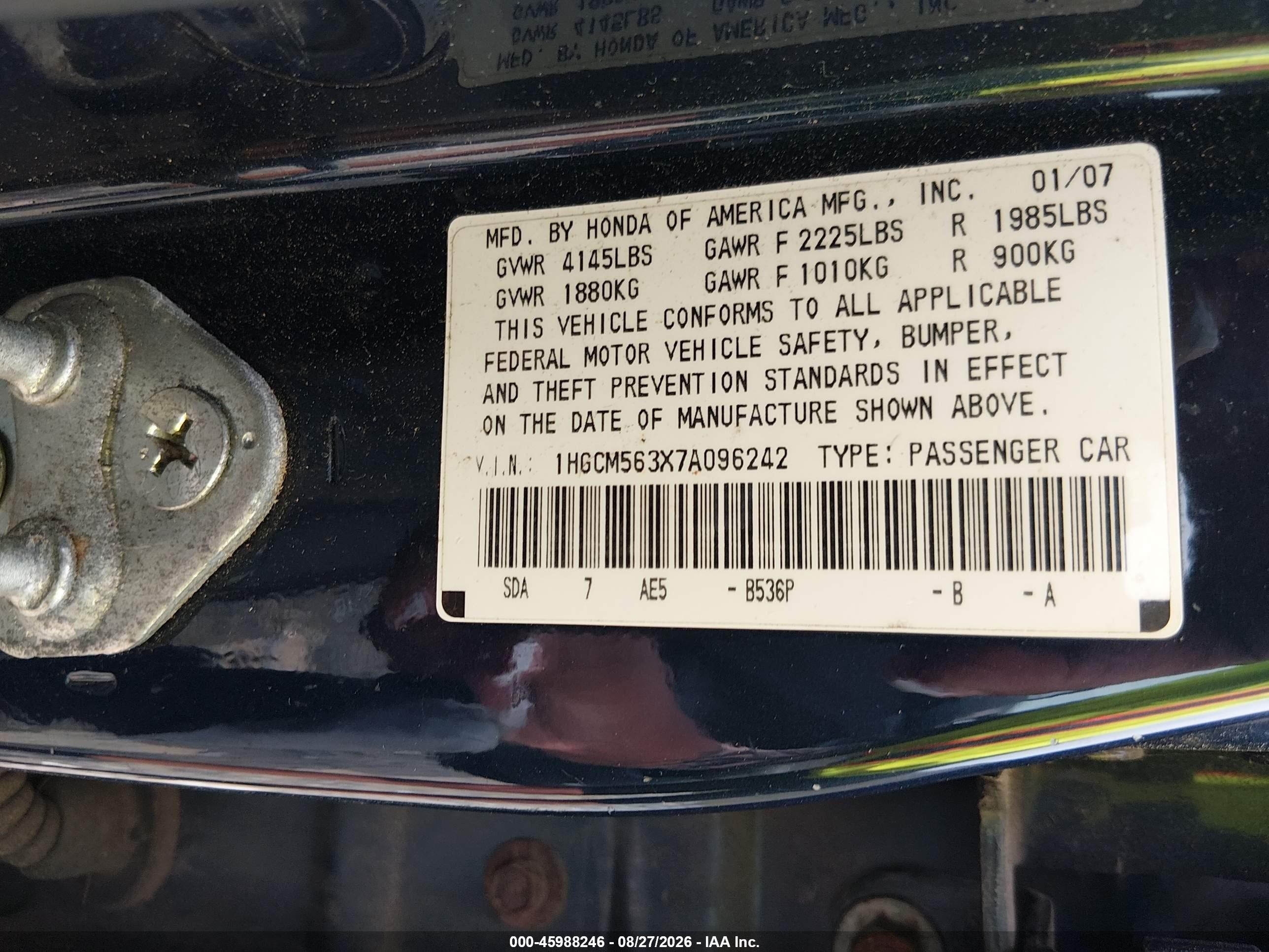 2007 Honda Accord 2.4 Se Blue vin: 1HGCM563X7A096242