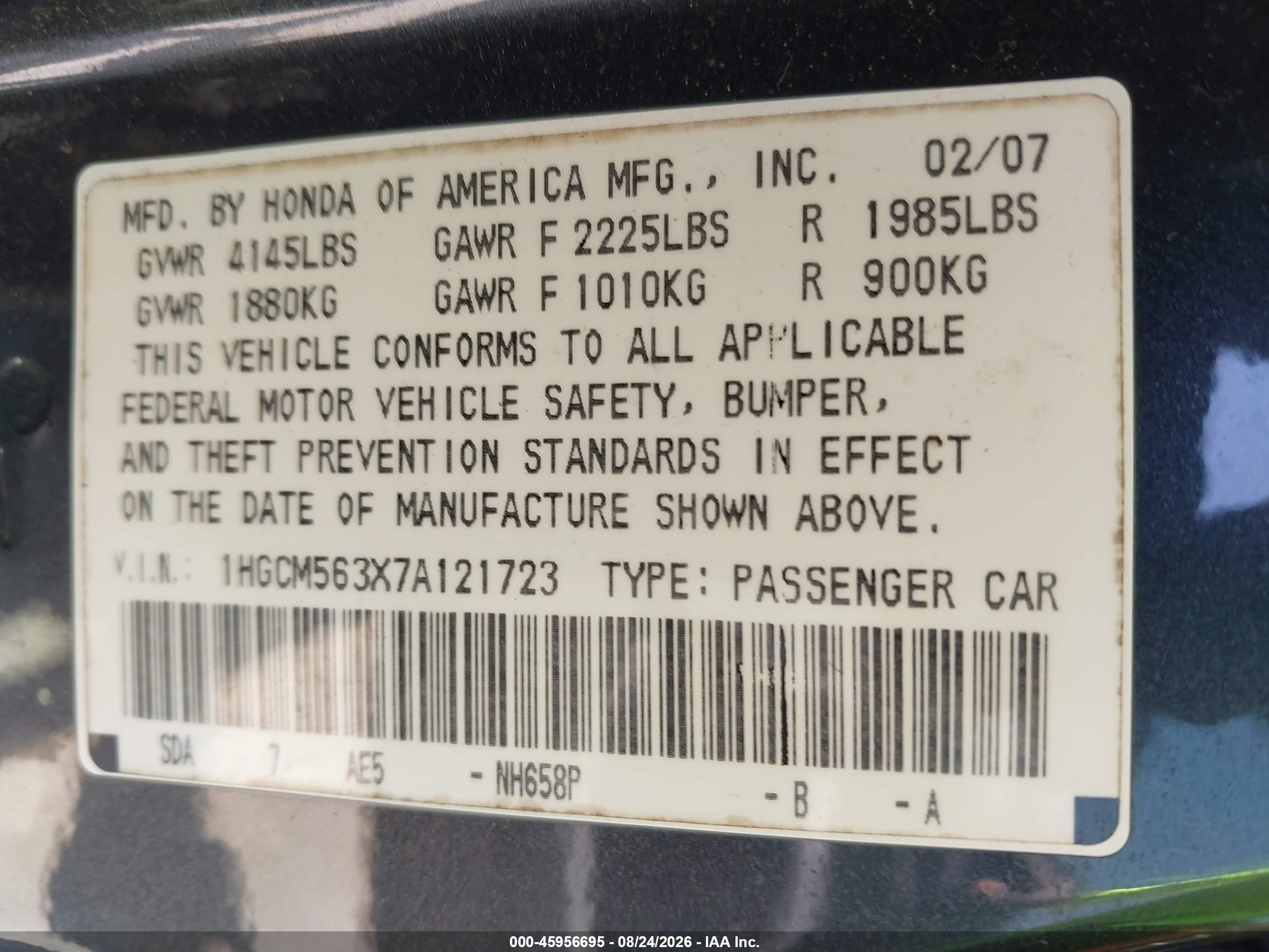 2007 Honda Accord 2.4 Se Серый vin: 1HGCM563X7A121723