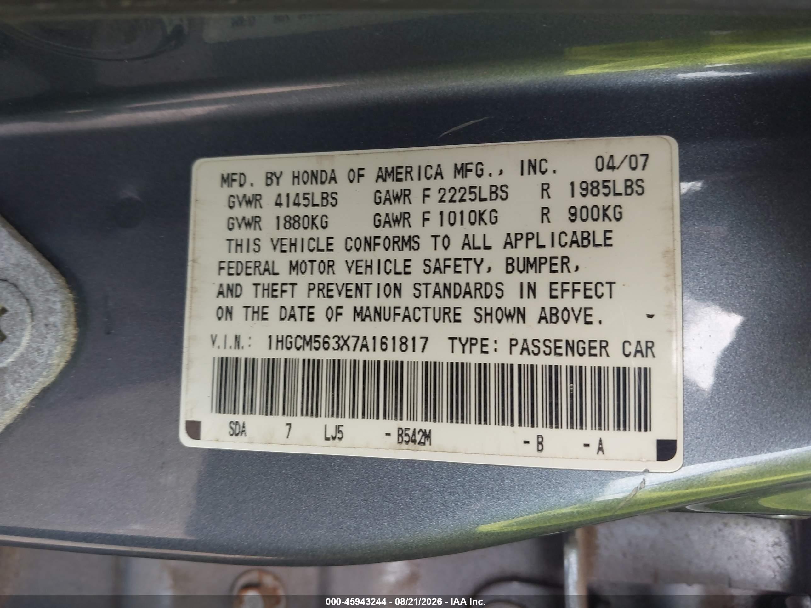 2007 Honda Accord 2.4 Se Light Blue vin: 1HGCM563X7A161817