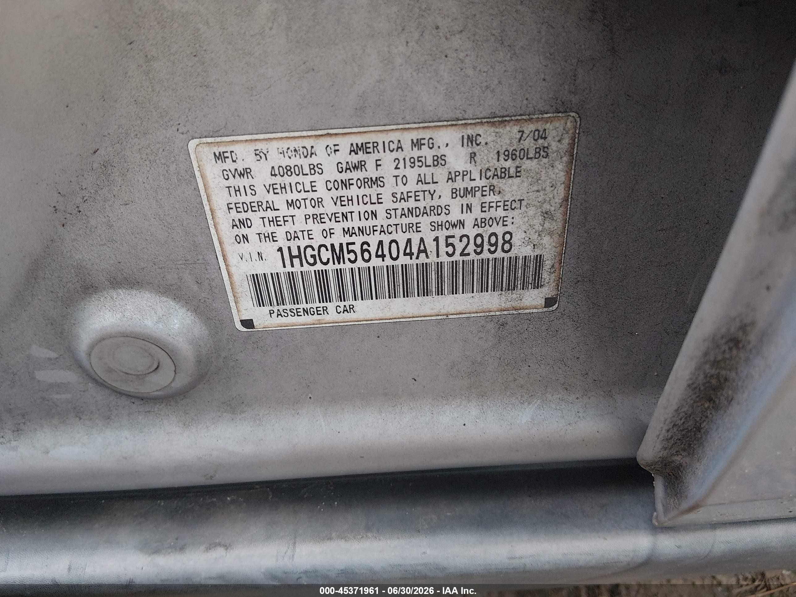 2004 Honda Accord 2.4 Lx Silver vin: 1HGCM56404A152998