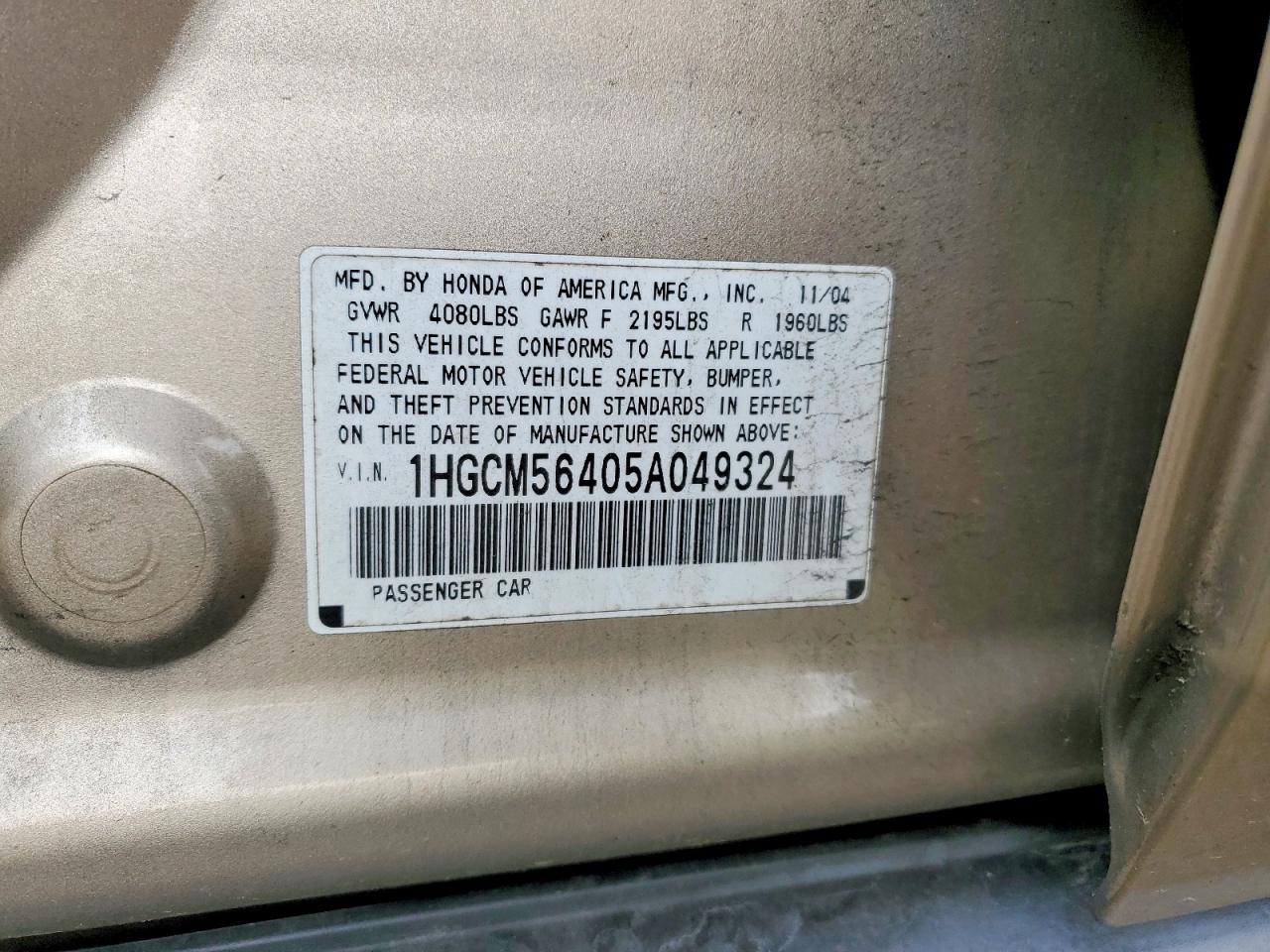 2005 Honda Accord Lx Beige vin: 1HGCM56405A049324