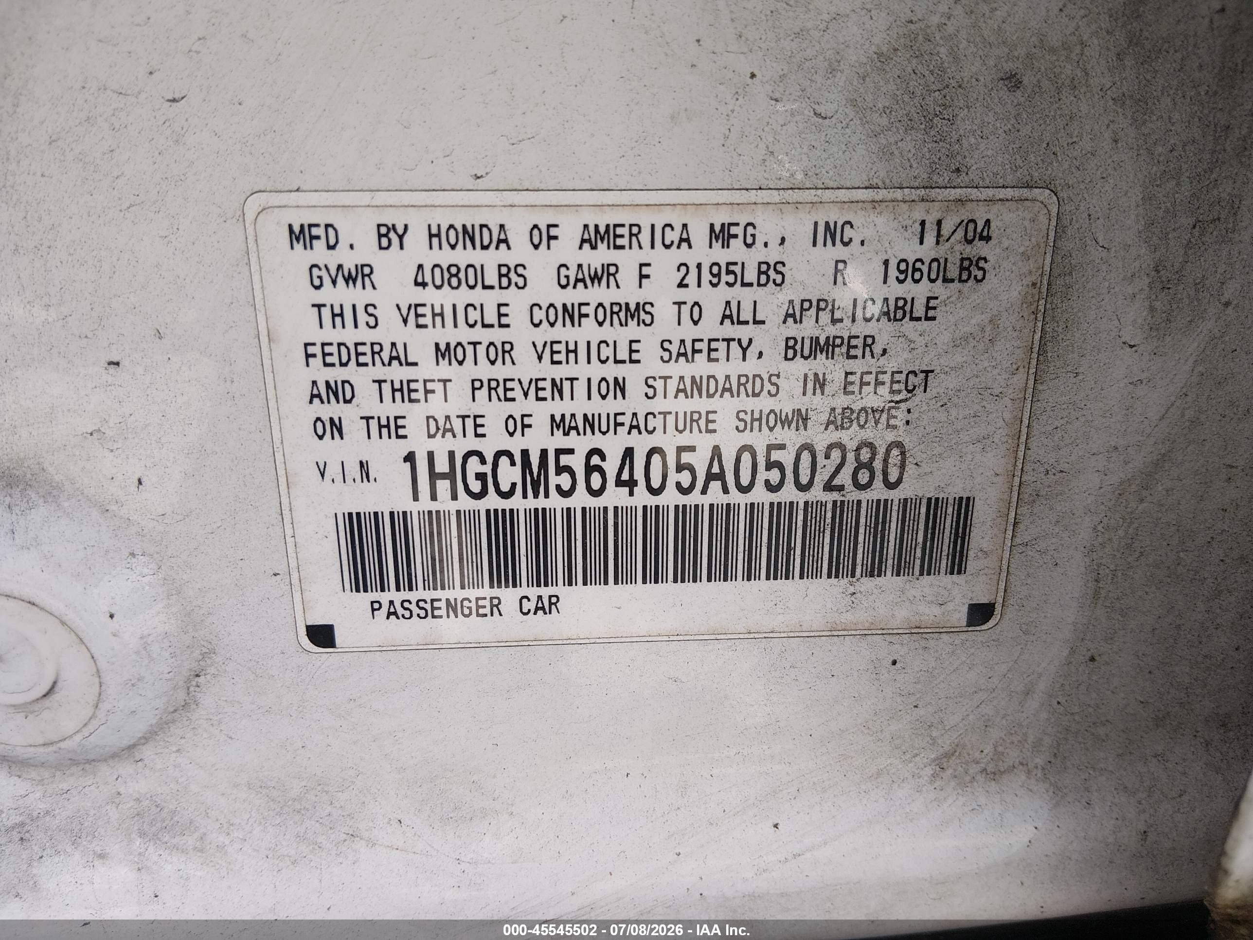 2005 Honda Accord 2.4 Lx White vin: 1HGCM56405A050280