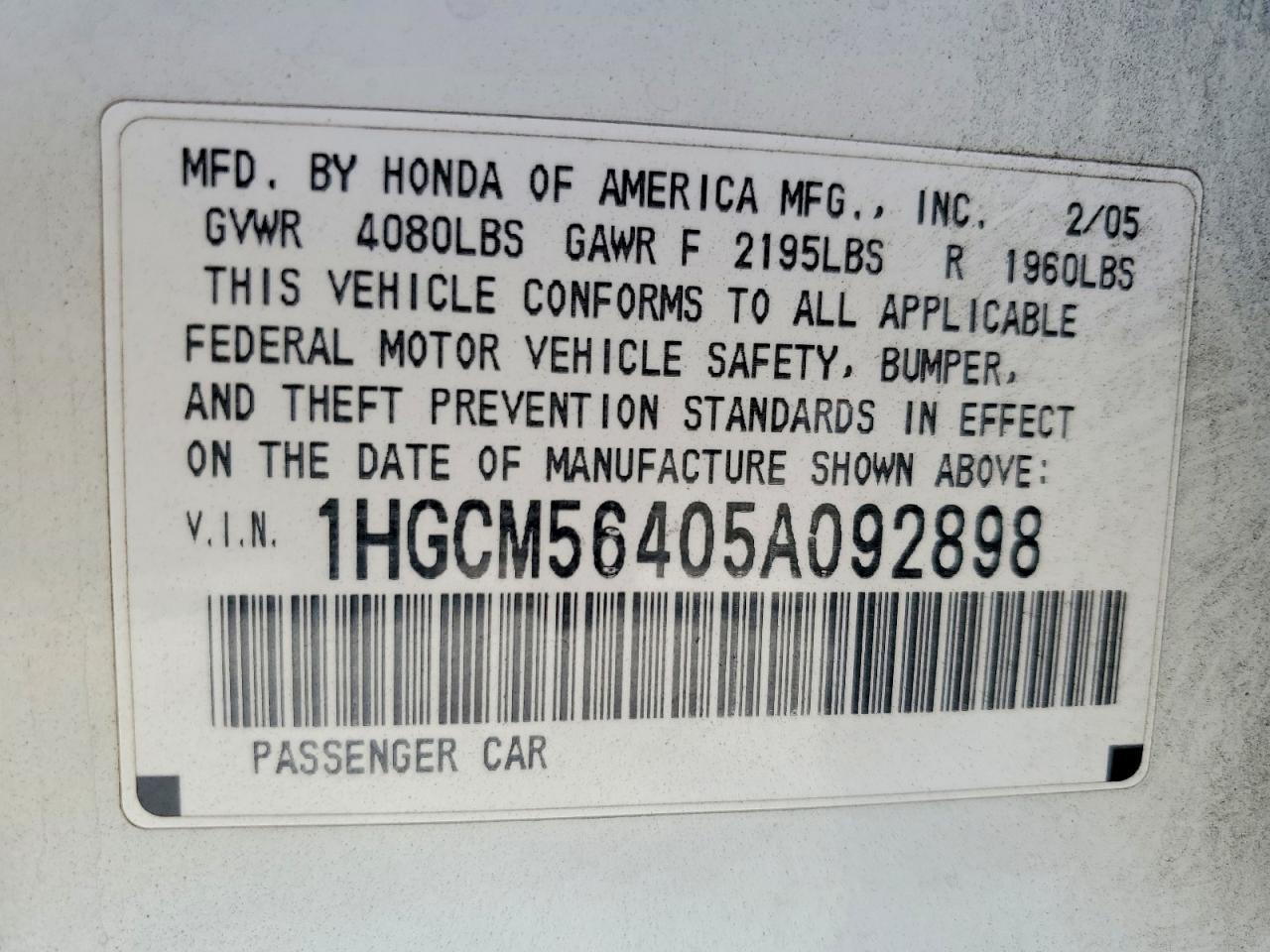 2005 Honda Accord Lx White vin: 1HGCM56405A092898