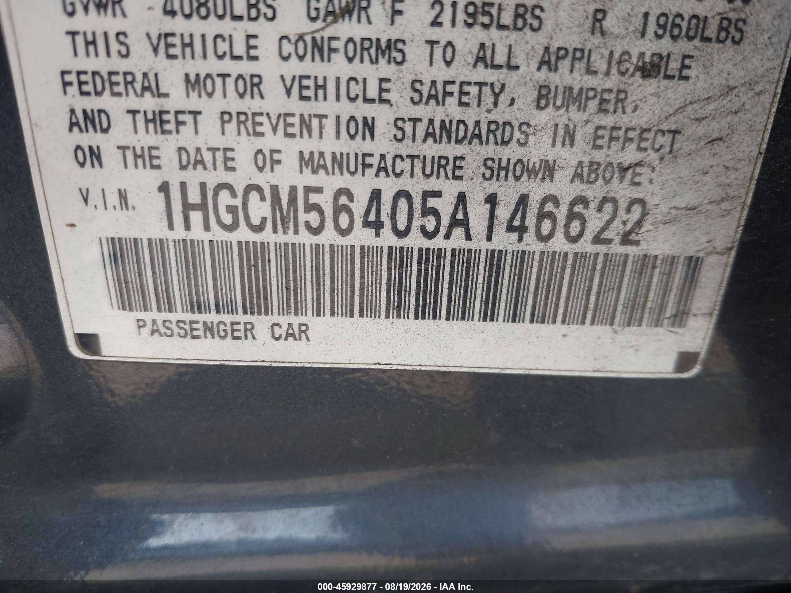 2005 Honda Accord 2.4 Lx Gray vin: 1HGCM56405A146622