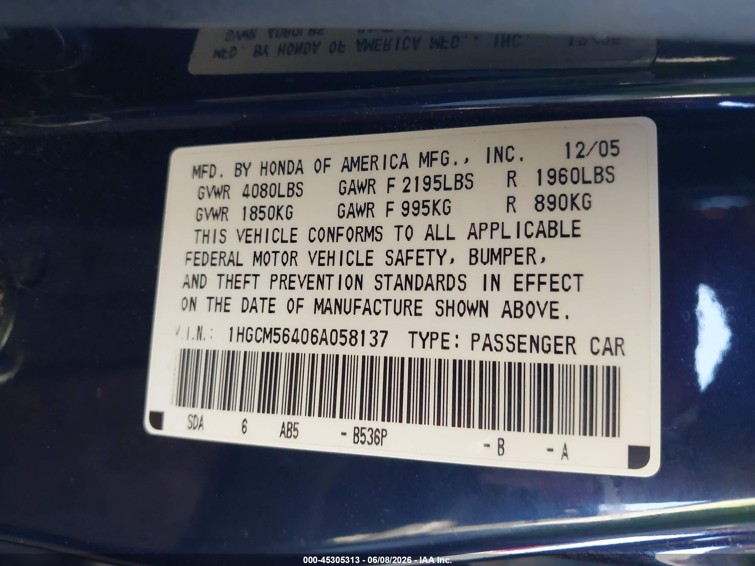 2006 Honda Accord 2.4 Lx Blue vin: 1HGCM56406A058137