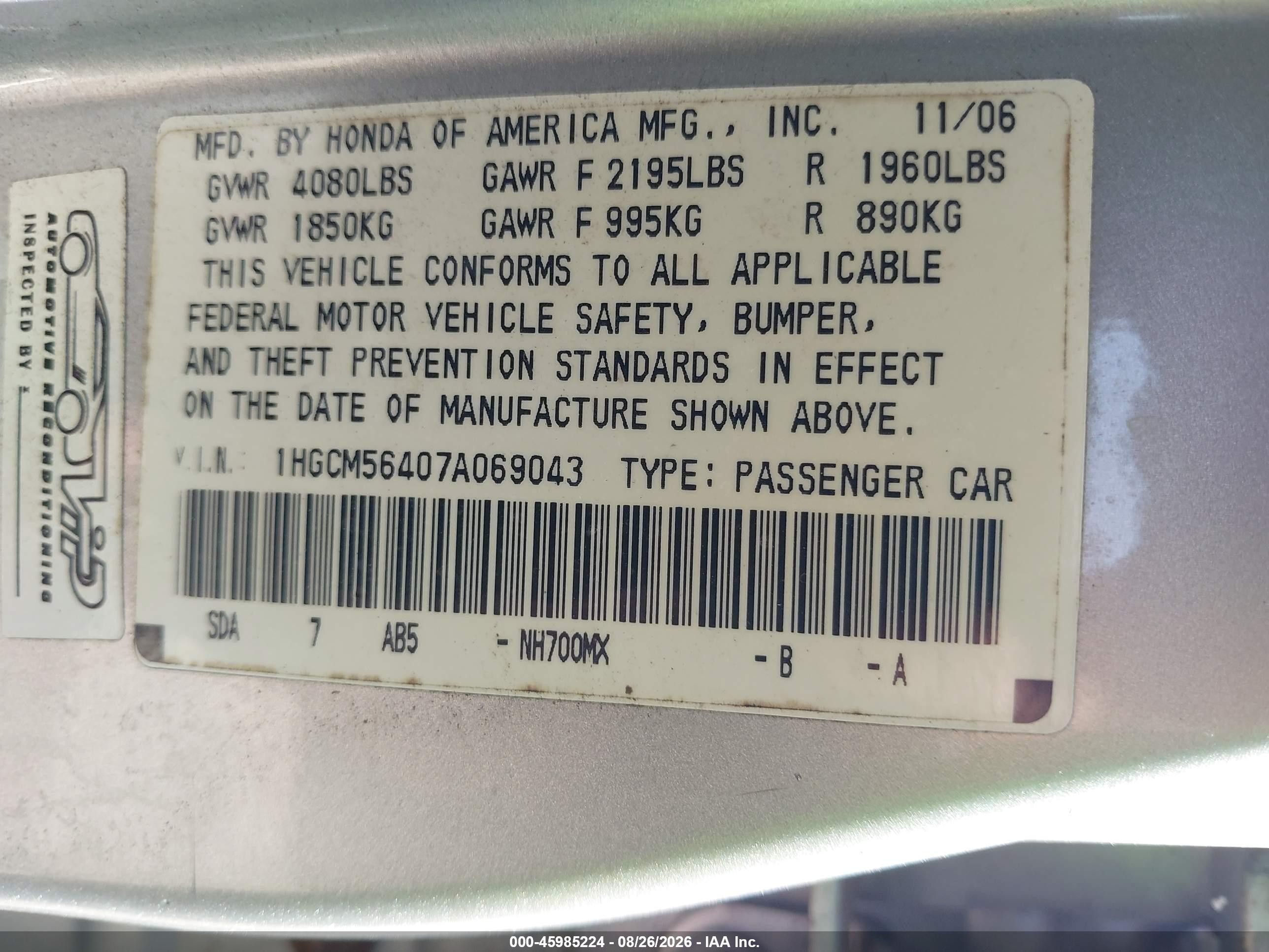 2007 Honda Accord 2.4 Lx Серебряный vin: 1HGCM56407A069043