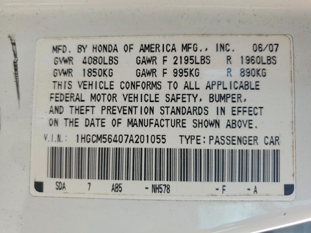 2007 Honda Accord Lx White vin: 1HGCM56407A201055