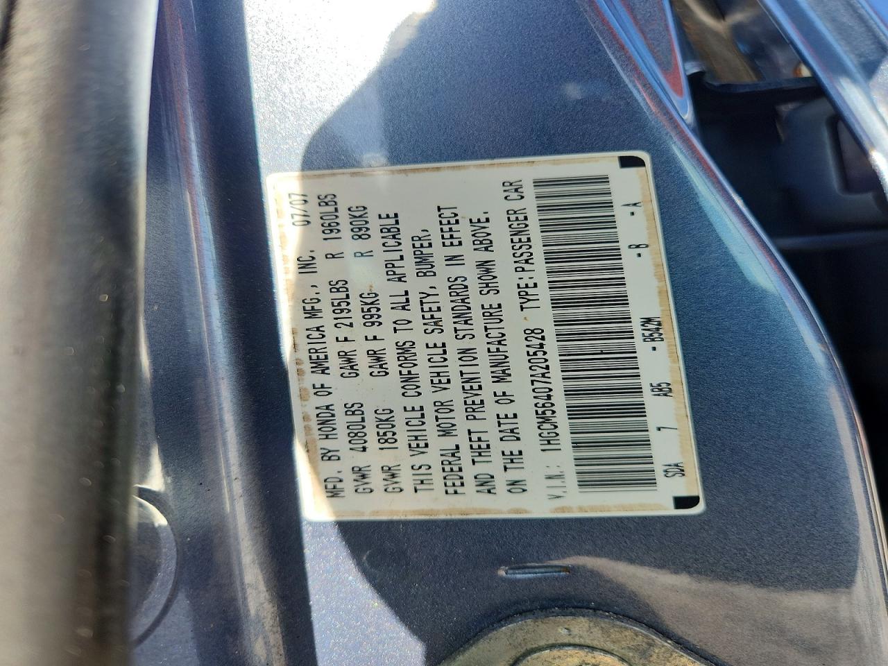 2007 Honda Accord Lx Серый vin: 1HGCM56407A205428