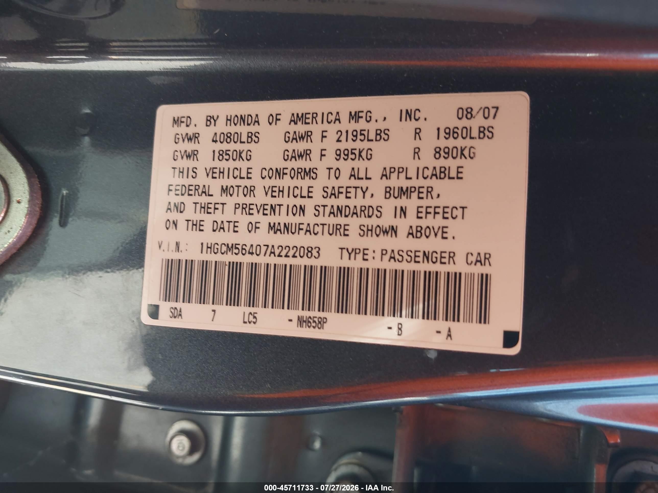 2007 Honda Accord 2.4 Lx Gray vin: 1HGCM56407A222083