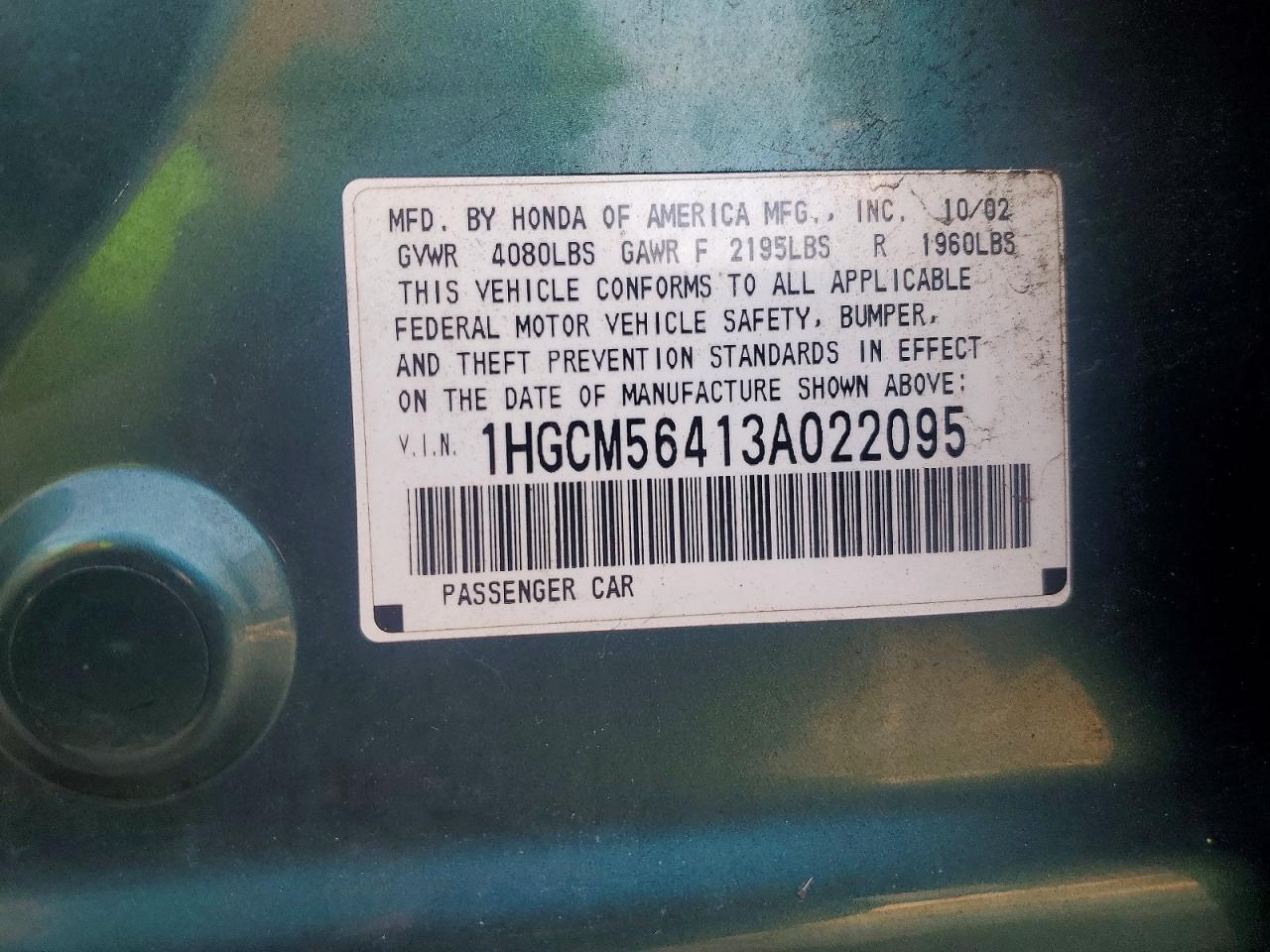 2003 Honda Accord Lx Green vin: 1HGCM56413A022095