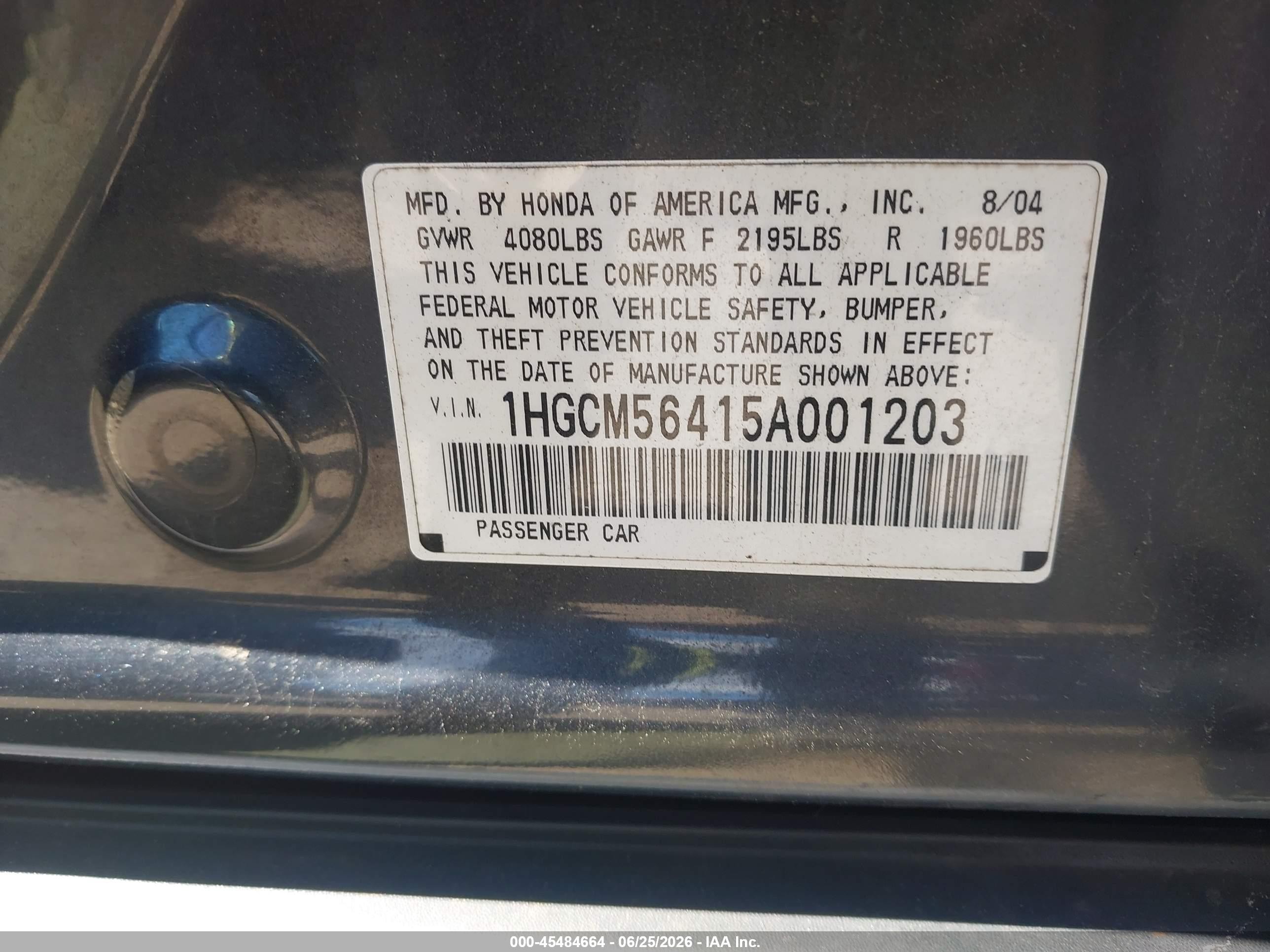 2005 Honda Accord 2.4 Lx Gray vin: 1HGCM56415A001203