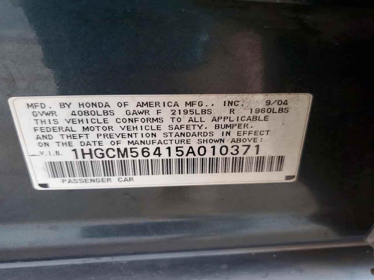 2005 Honda Accord Lx Charcoal vin: 1HGCM56415A010371