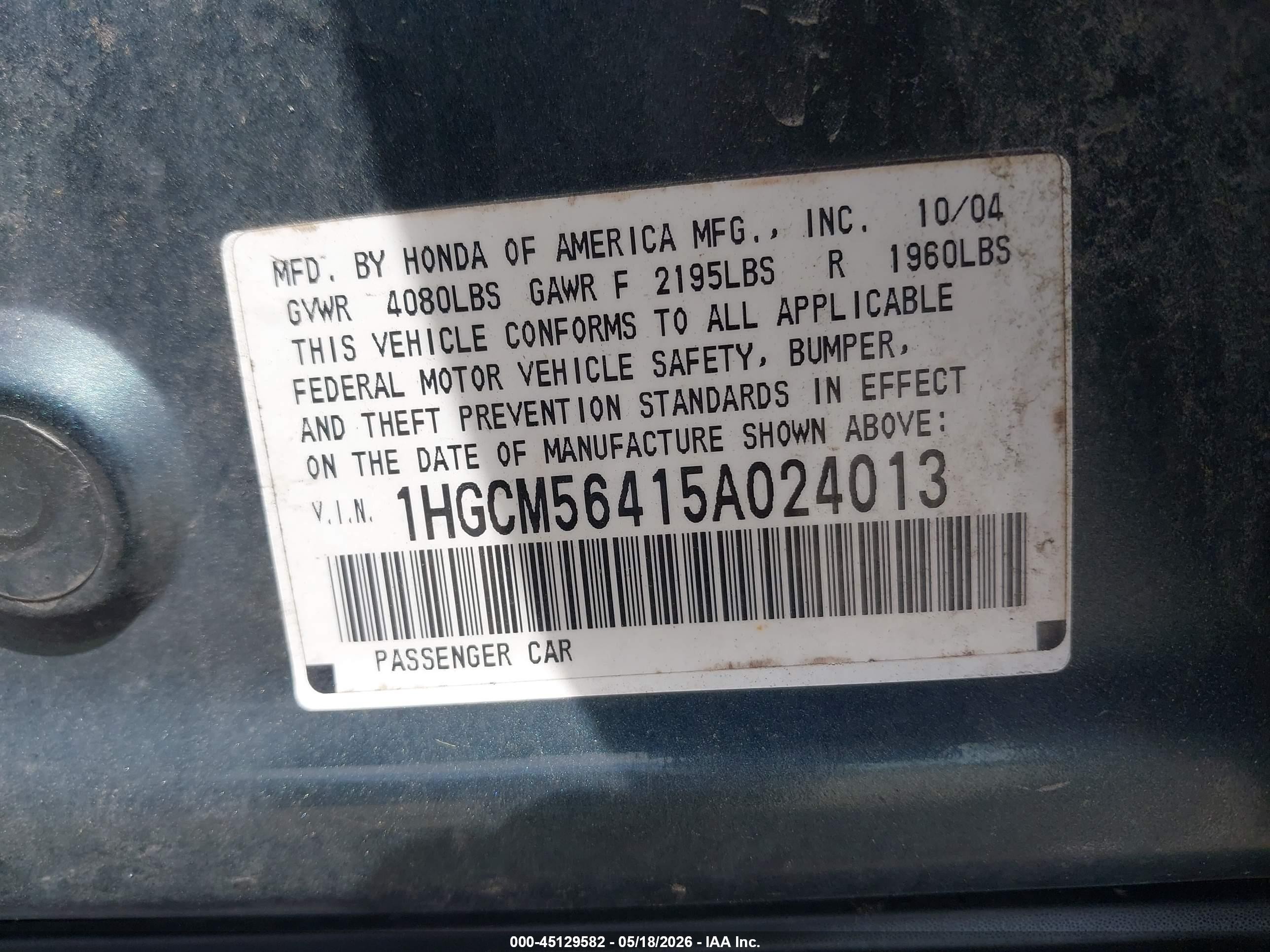 2005 Honda Accord 2.4 Lx Зеленый vin: 1HGCM56415A024013