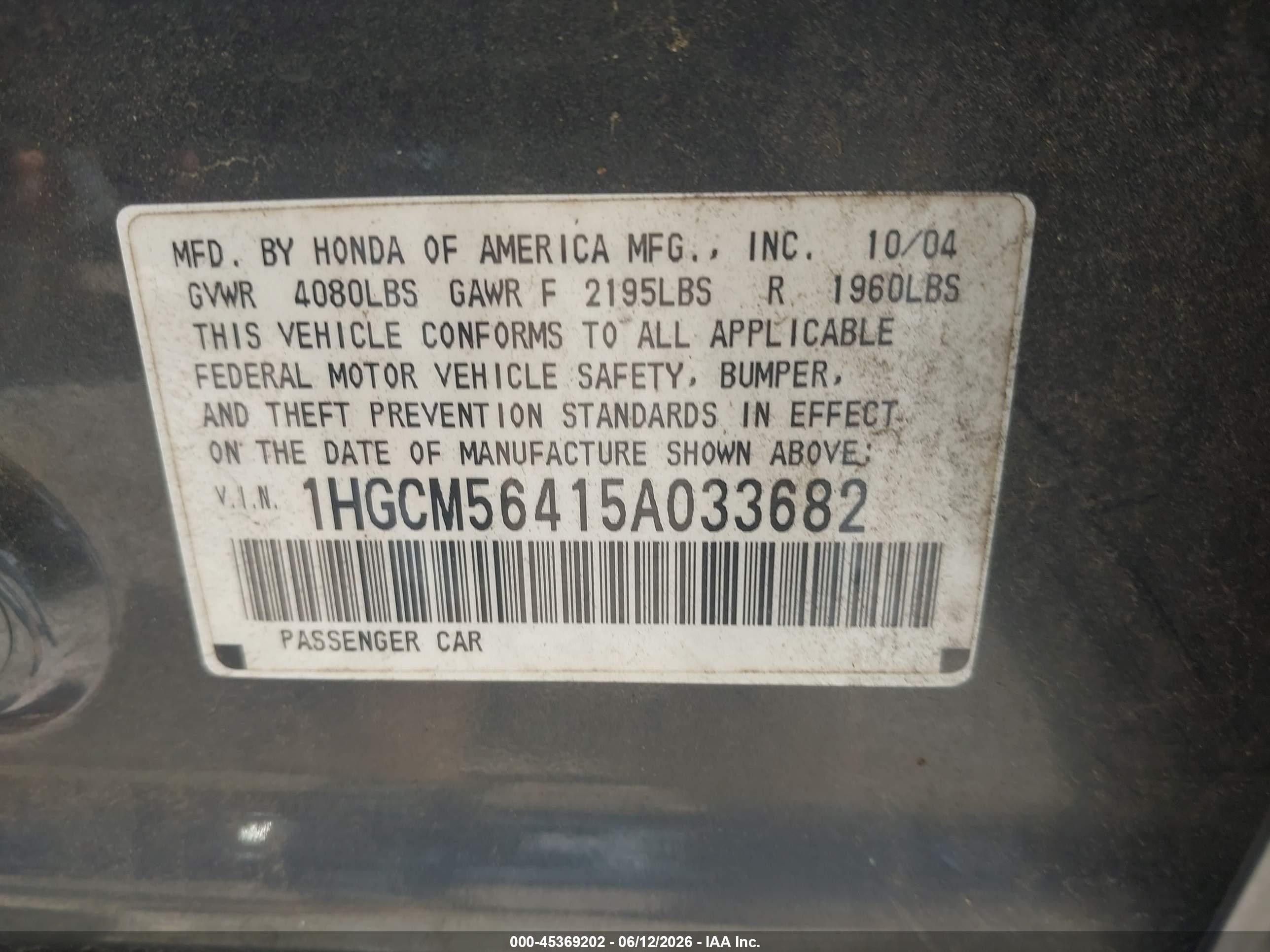 2005 Honda Accord 2.4 Lx Gray vin: 1HGCM56415A033682