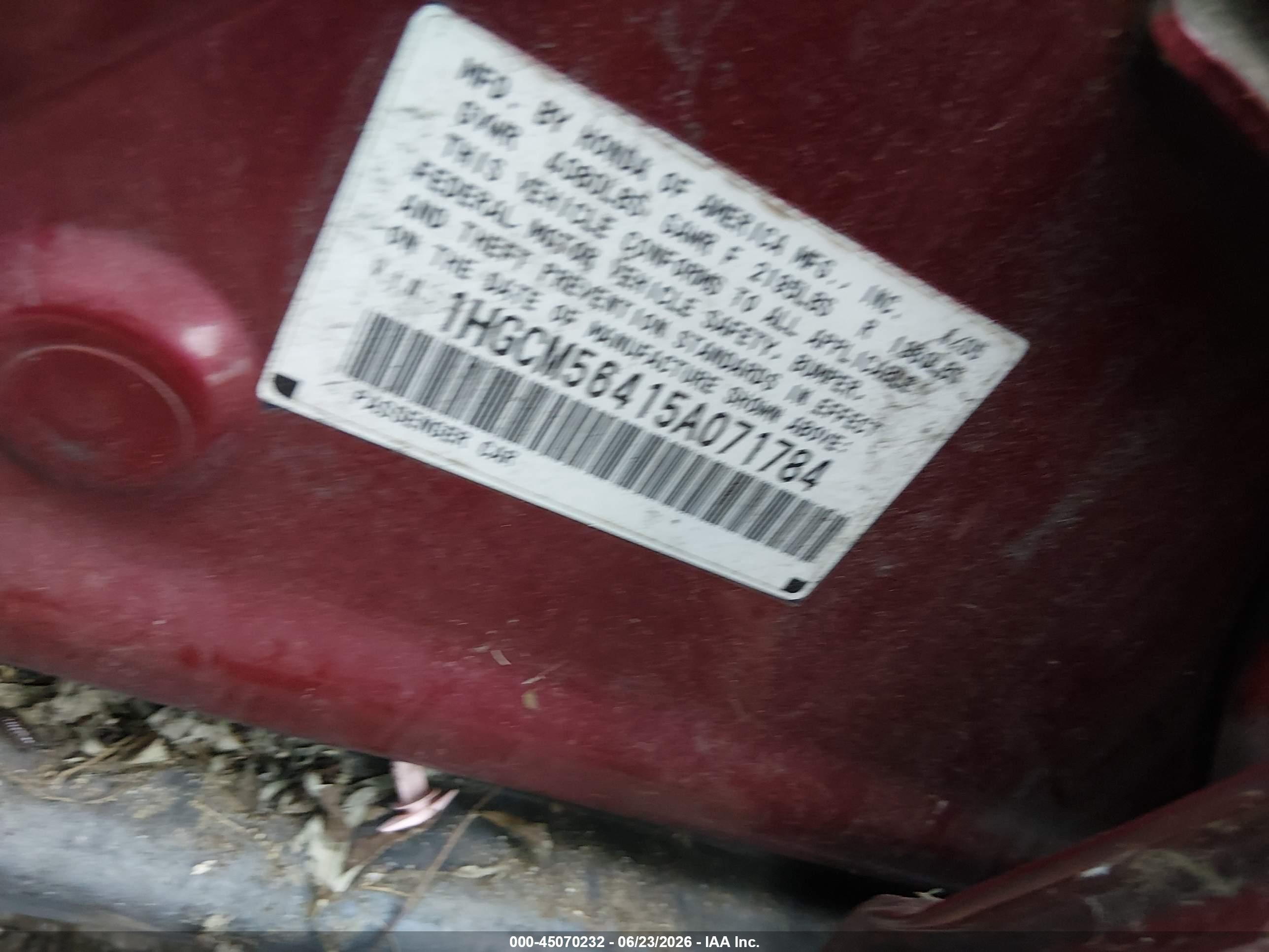 2005 Honda Accord 2.4 Lx Красный vin: 1HGCM56415A071784