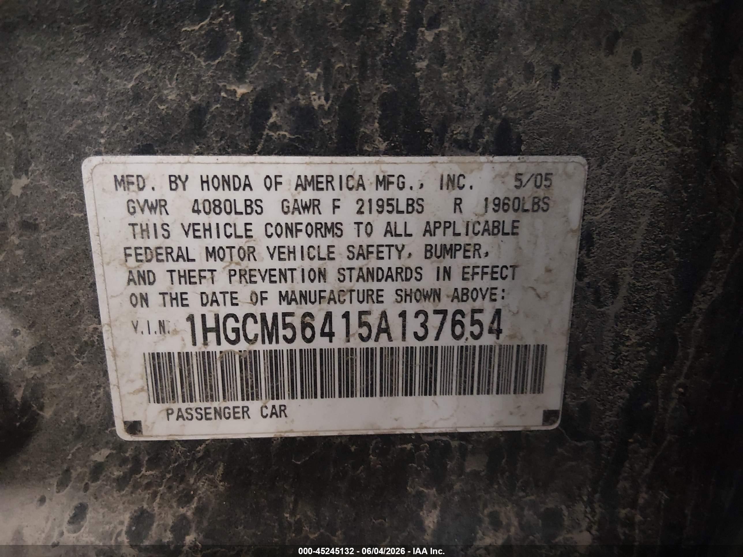 2005 Honda Accord 2.4 Lx Green vin: 1HGCM56415A137654