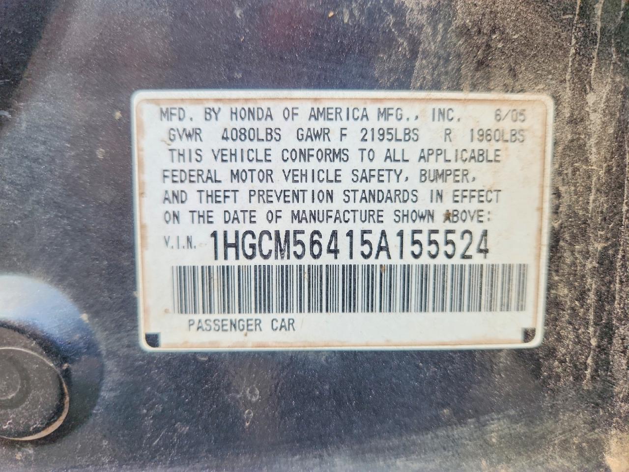 2005 Honda Accord Lx Gray vin: 1HGCM56415A155524
