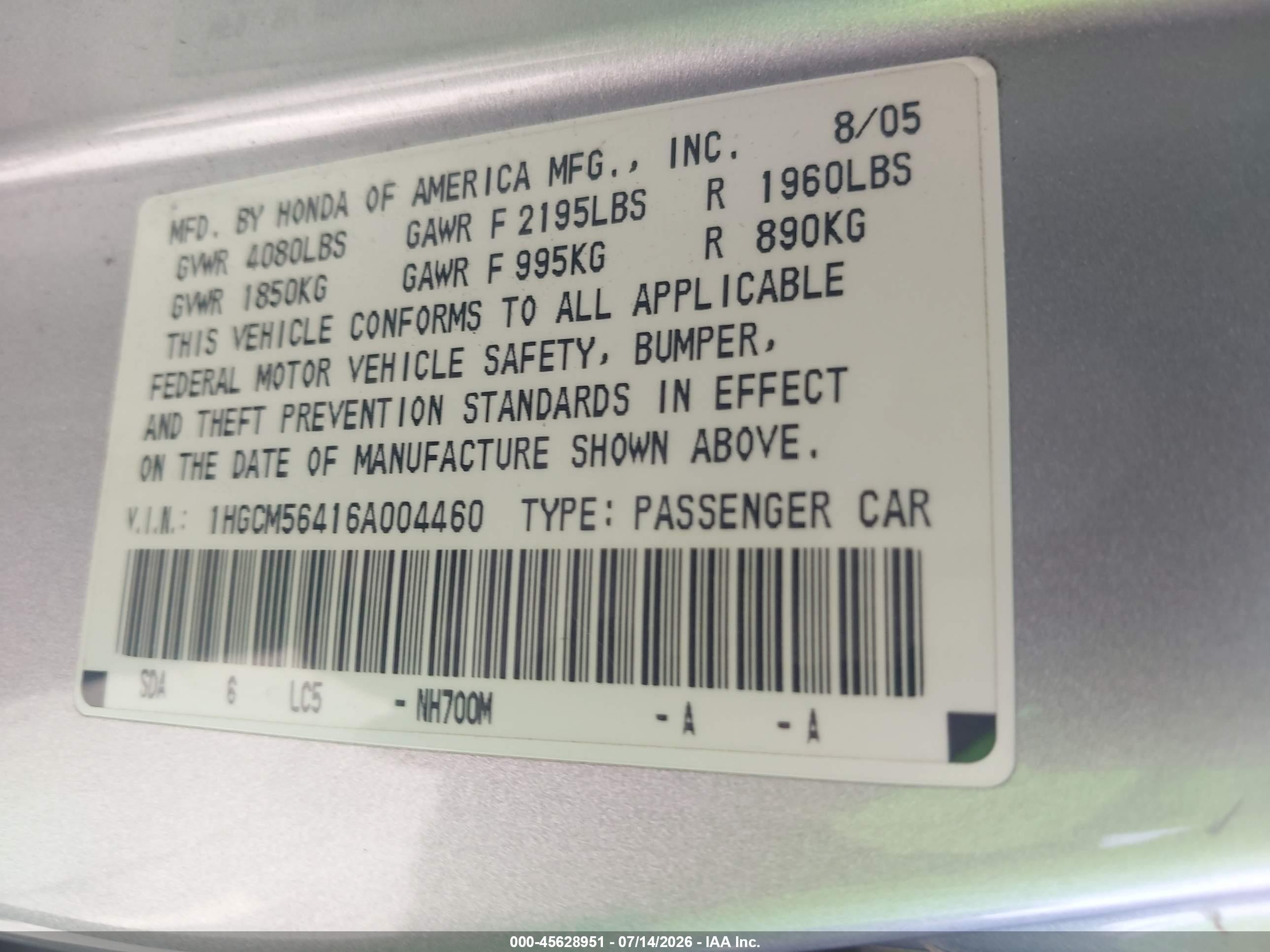 2006 Honda Accord 2.4 Lx Silver vin: 1HGCM56416A004460
