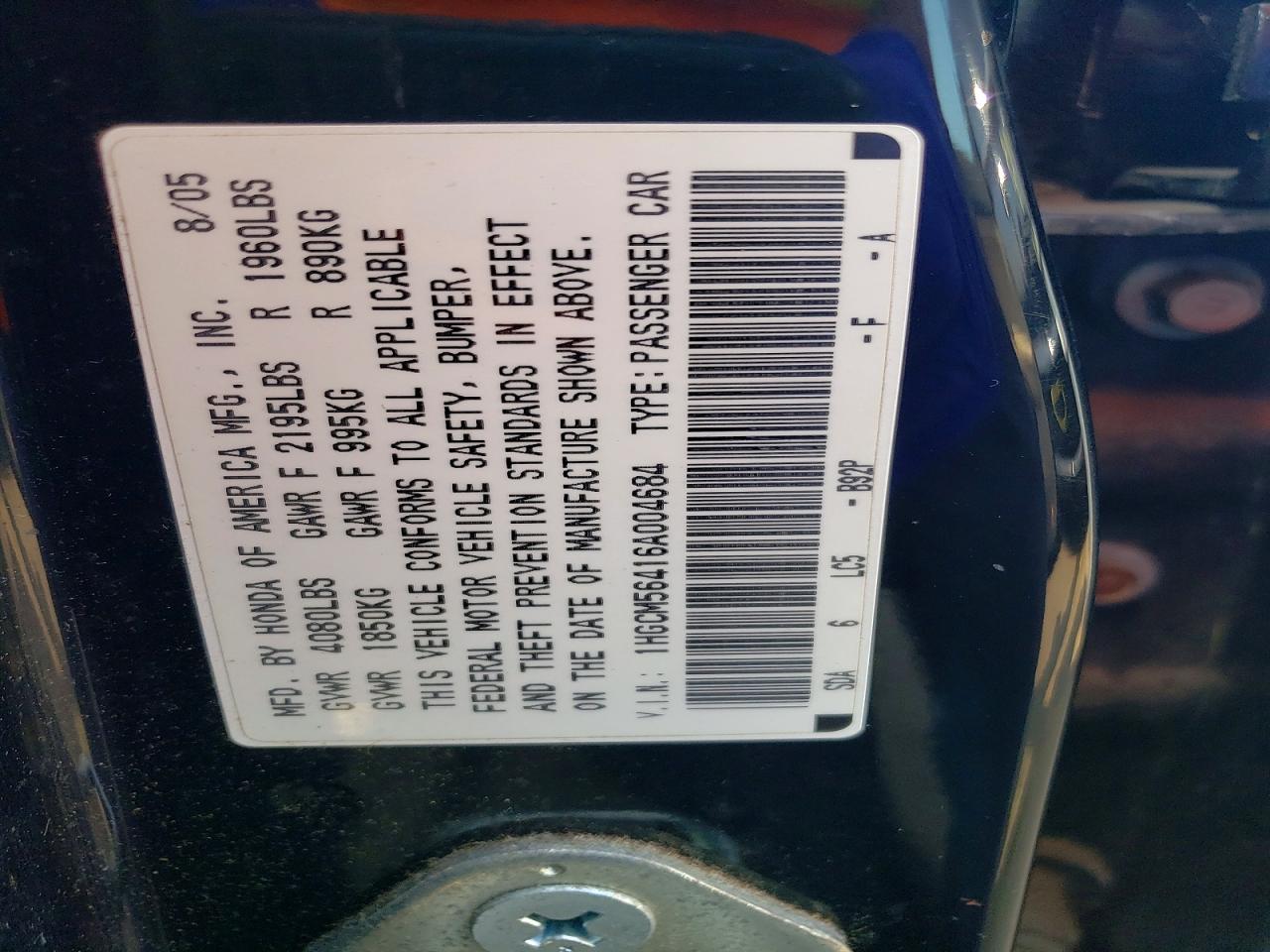 2006 Honda Accord Lx Черный vin: 1HGCM56416A004684