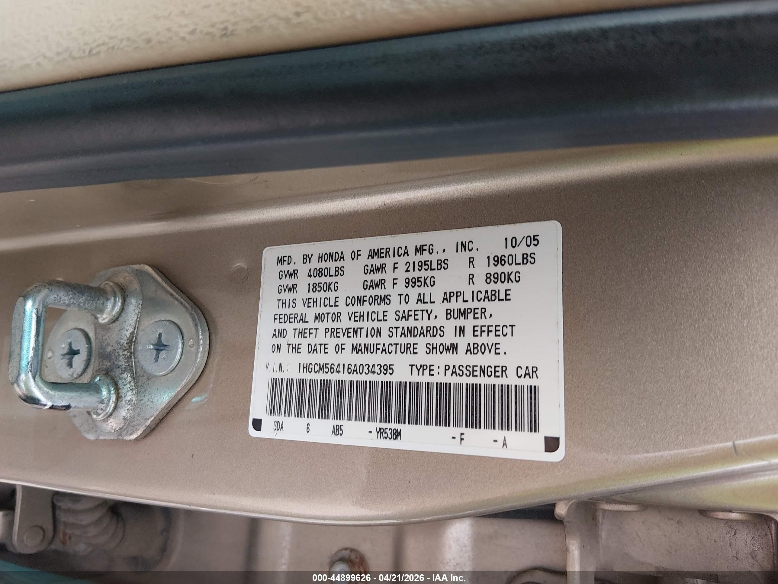2006 Honda Accord 2.4 Lx Gold vin: 1HGCM56416A034395