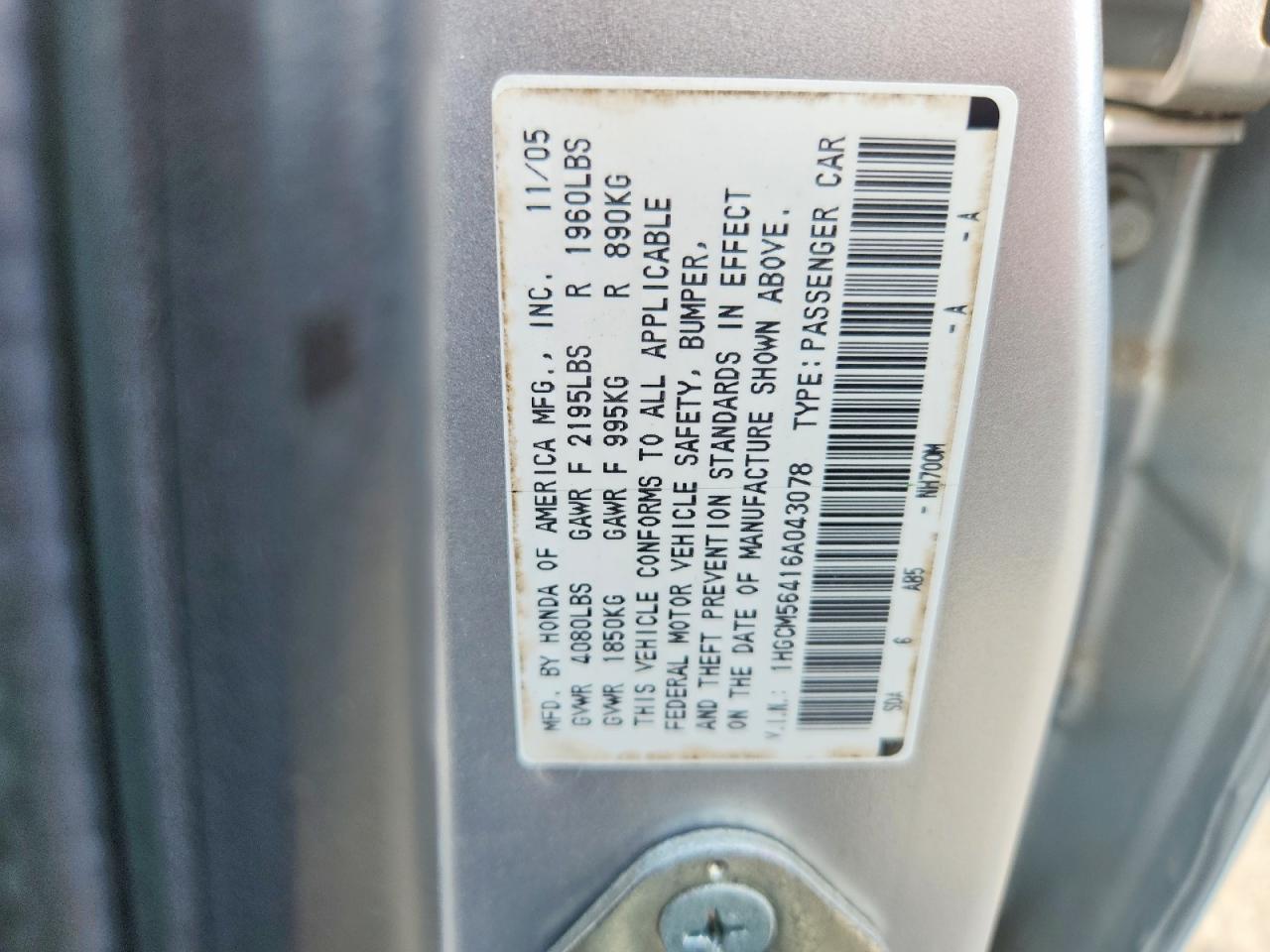 2006 Honda Accord Lx Silver vin: 1HGCM56416A043078