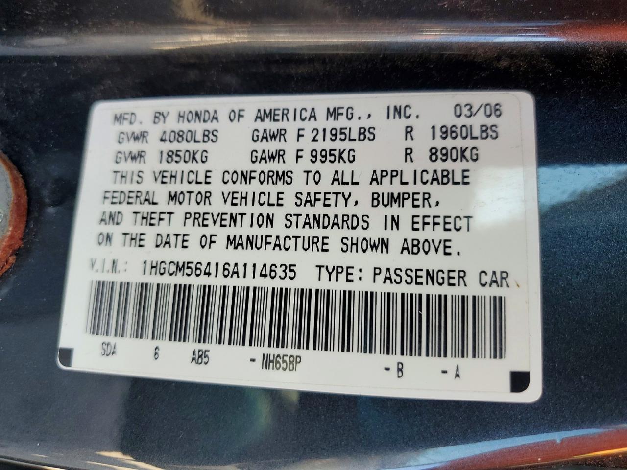 2006 Honda Accord Lx Серый vin: 1HGCM56416A114635