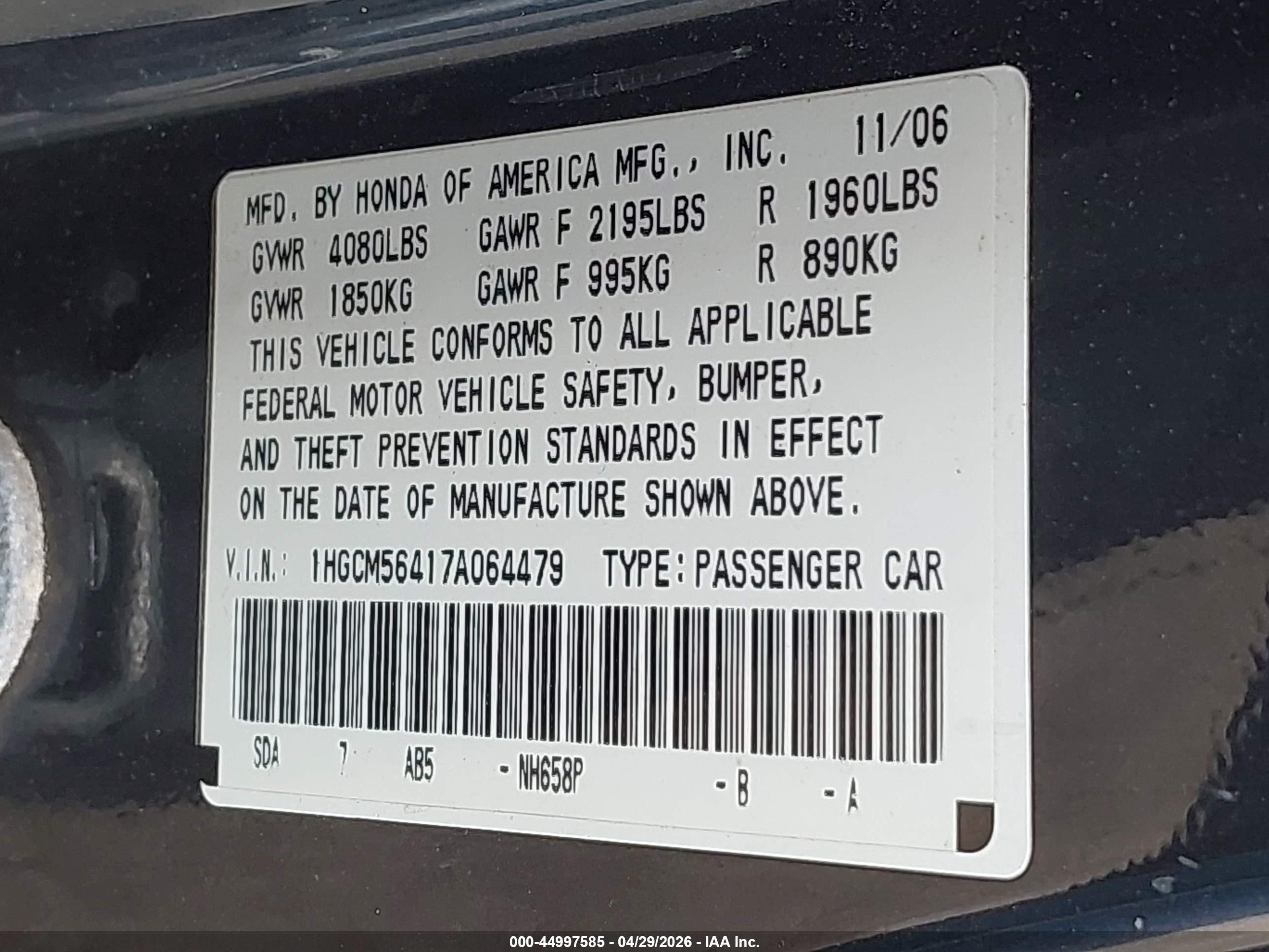 2007 Honda Accord 2.4 Lx Gray vin: 1HGCM56417A064479