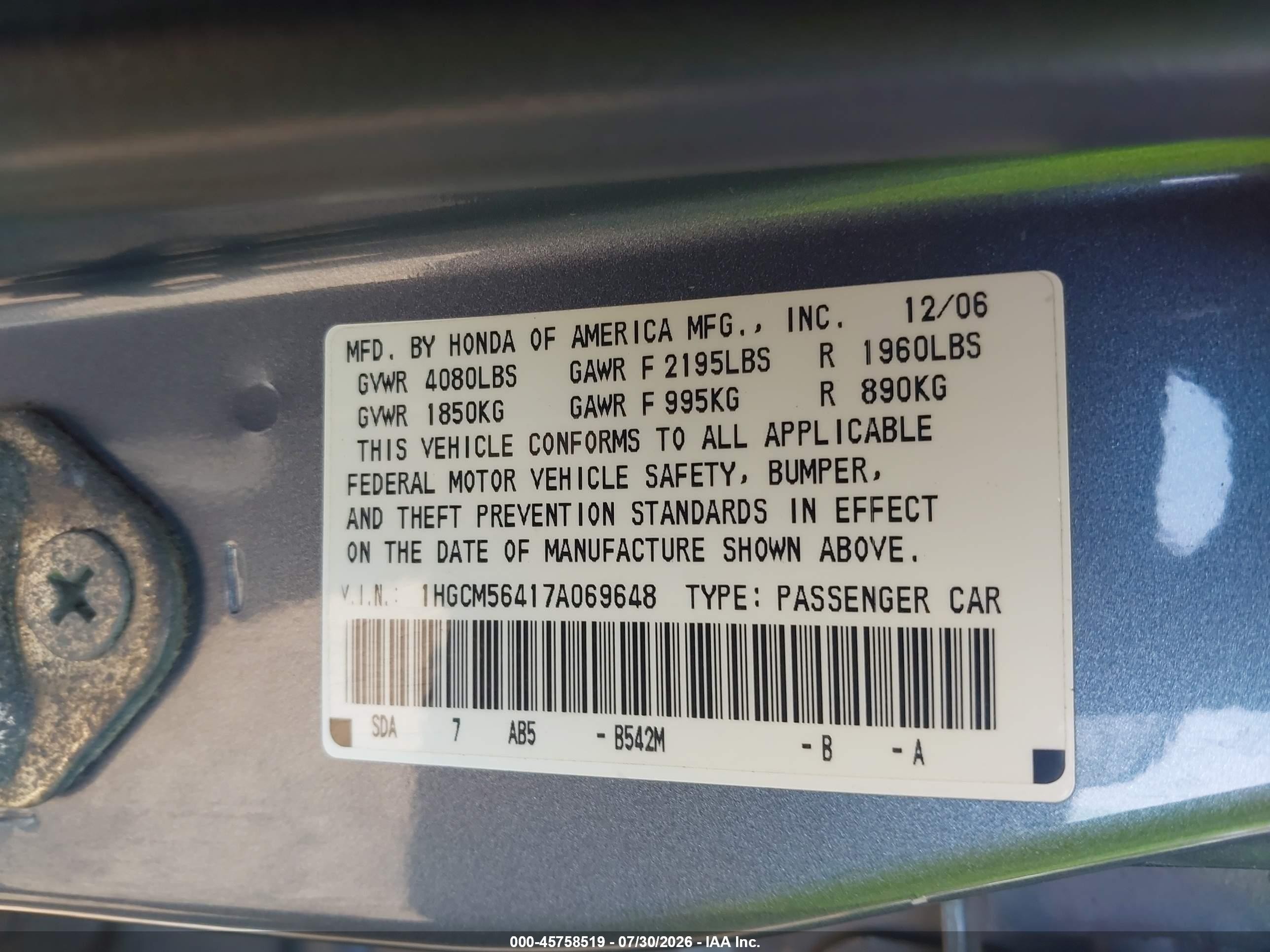 2007 Honda Accord 2.4 Lx Синий vin: 1HGCM56417A069648