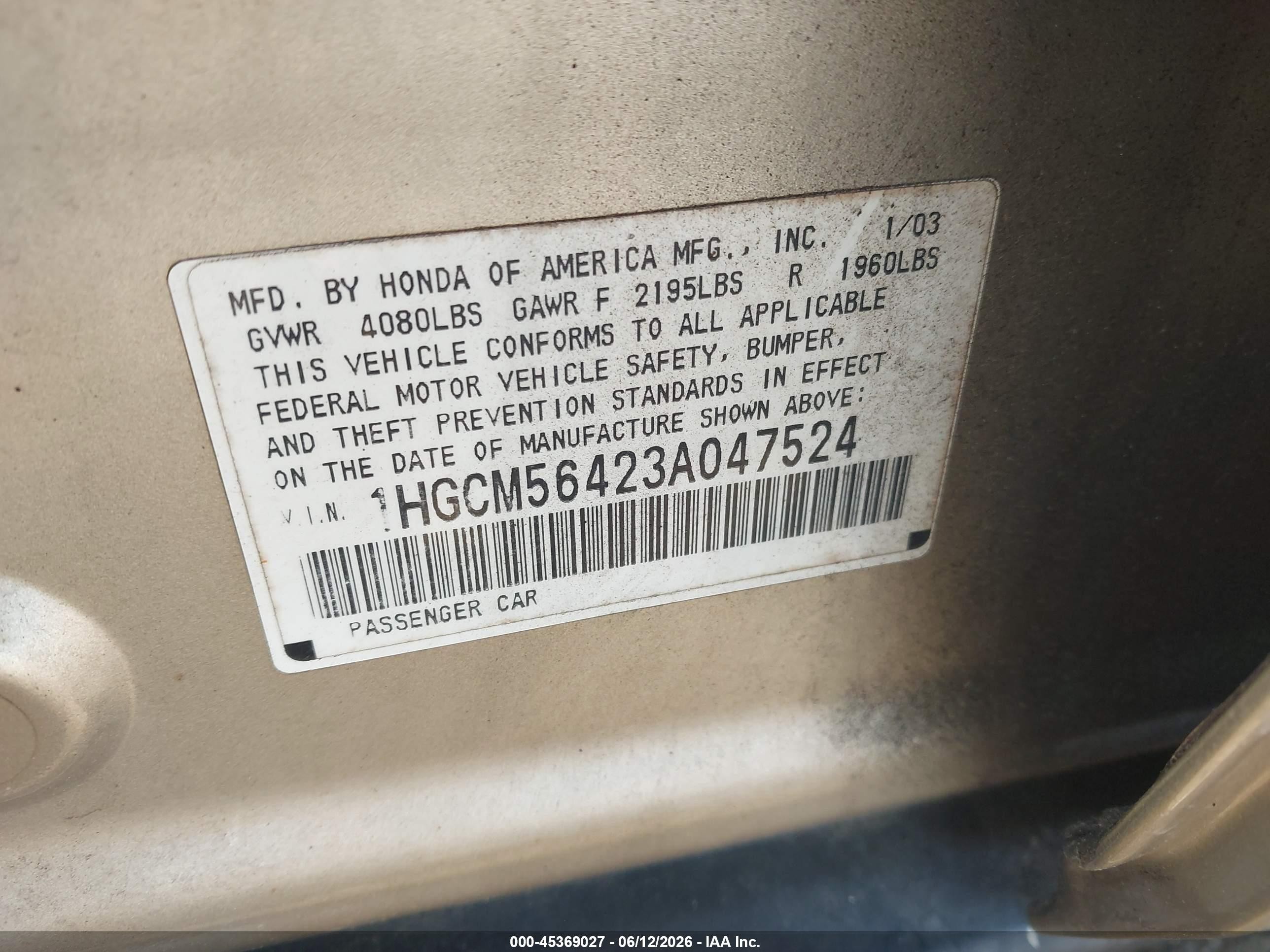 2003 Honda Accord 2.4 Lx Gold vin: 1HGCM56423A047524