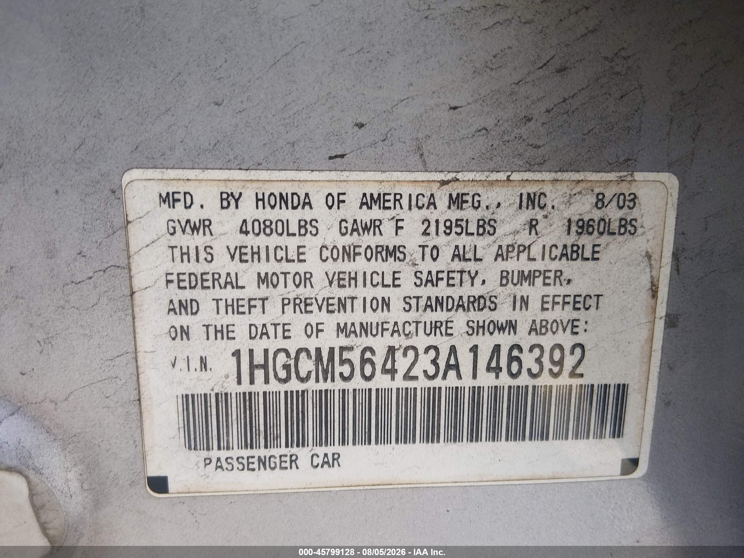 2003 Honda Accord 2.4 Lx Серебряный vin: 1HGCM56423A146392
