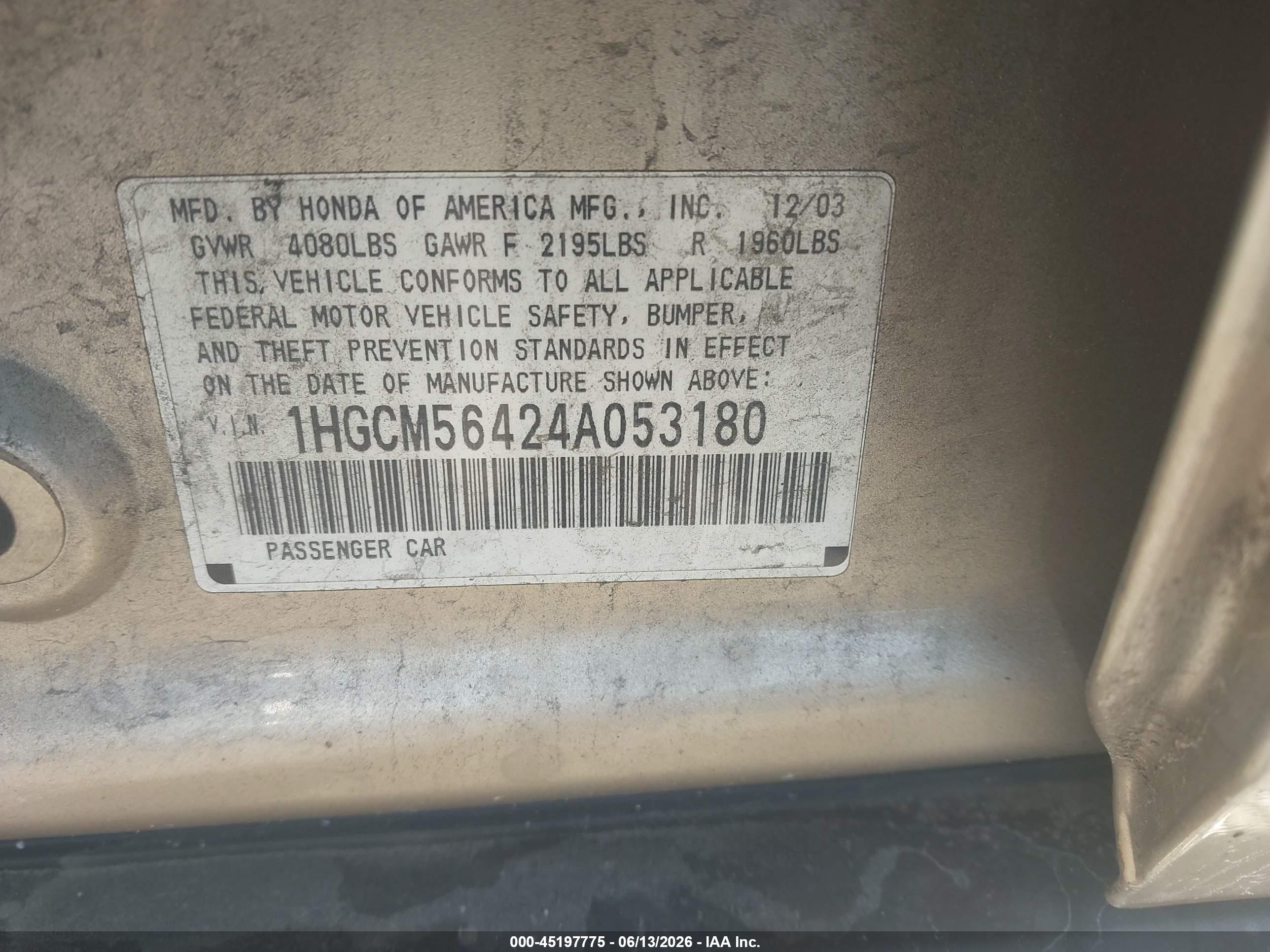2004 Honda Accord 2.4 Lx Gold vin: 1HGCM56424A053180