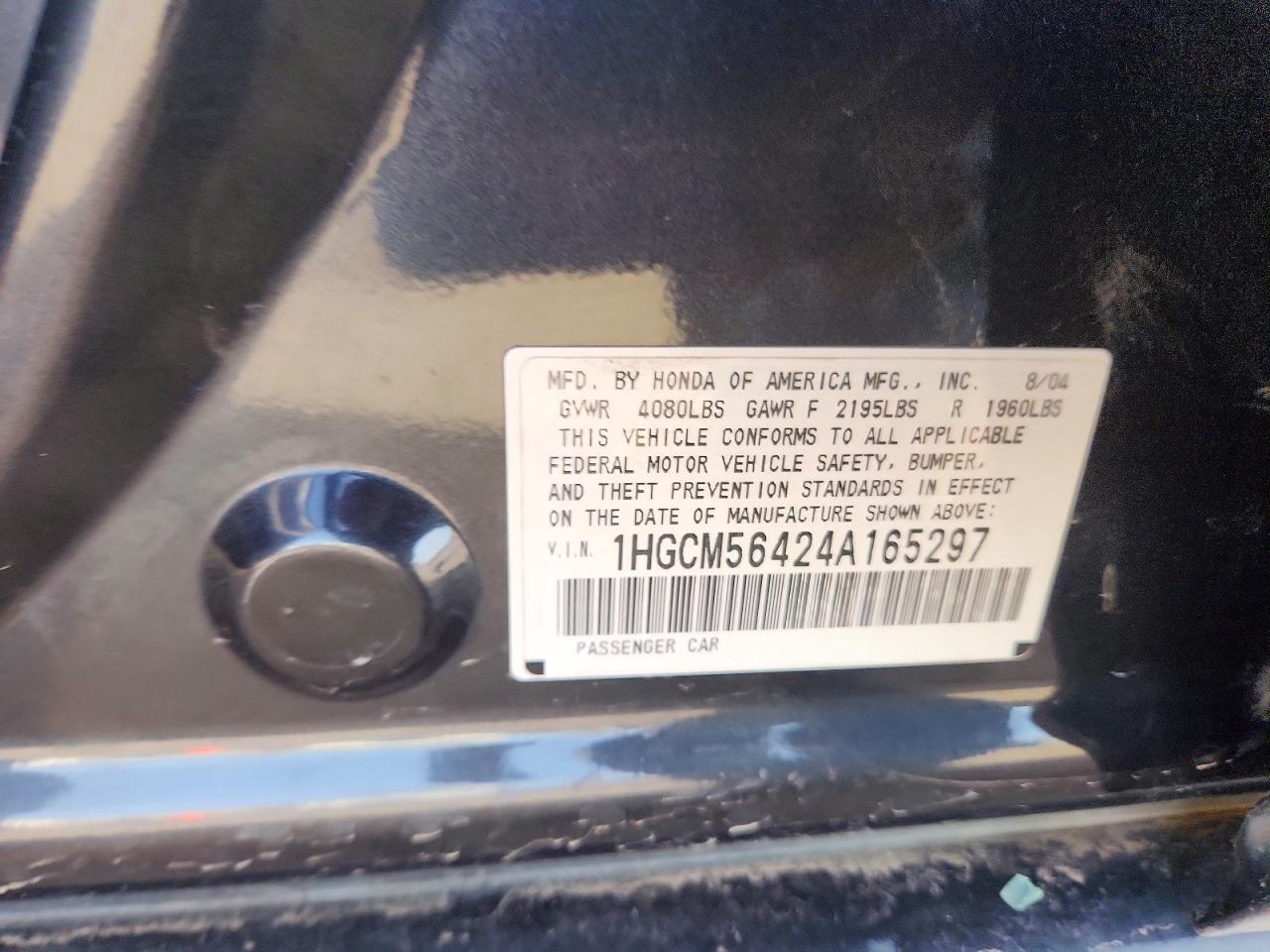 2004 Honda Accord Lx Black vin: 1HGCM56424A165297