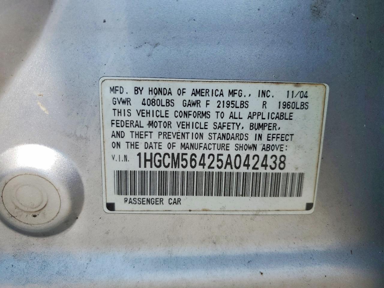 2005 Honda Accord Lx Серебряный vin: 1HGCM56425A042438