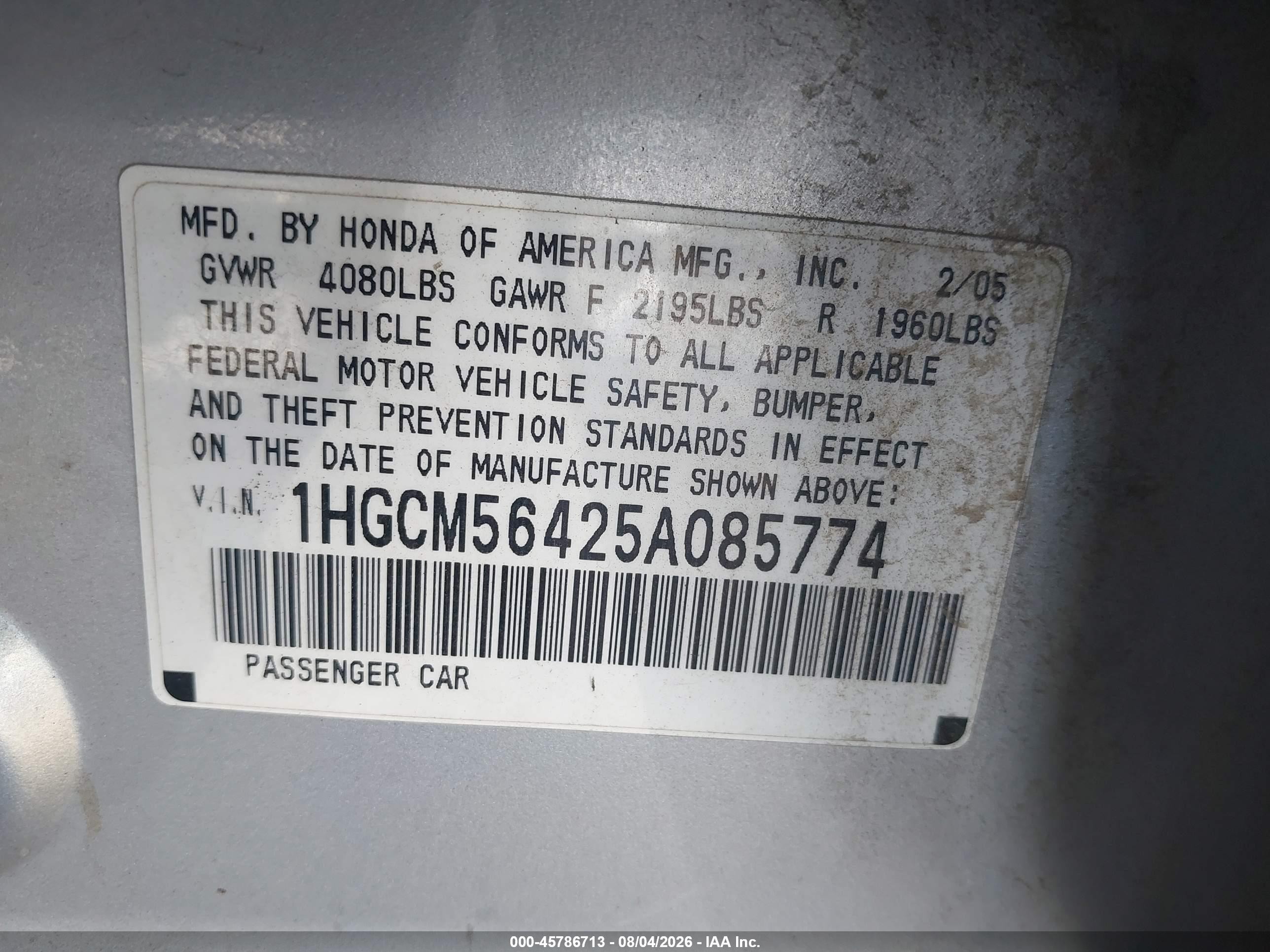 2005 Honda Accord 2.4 Lx Серебряный vin: 1HGCM56425A085774