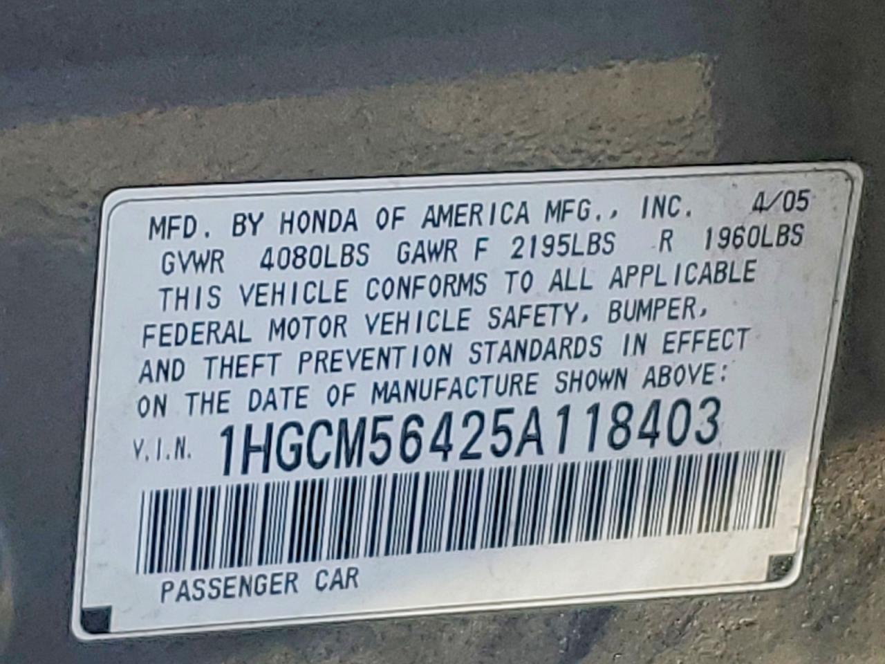 2005 Honda Accord Lx Charcoal vin: 1HGCM56425A118403
