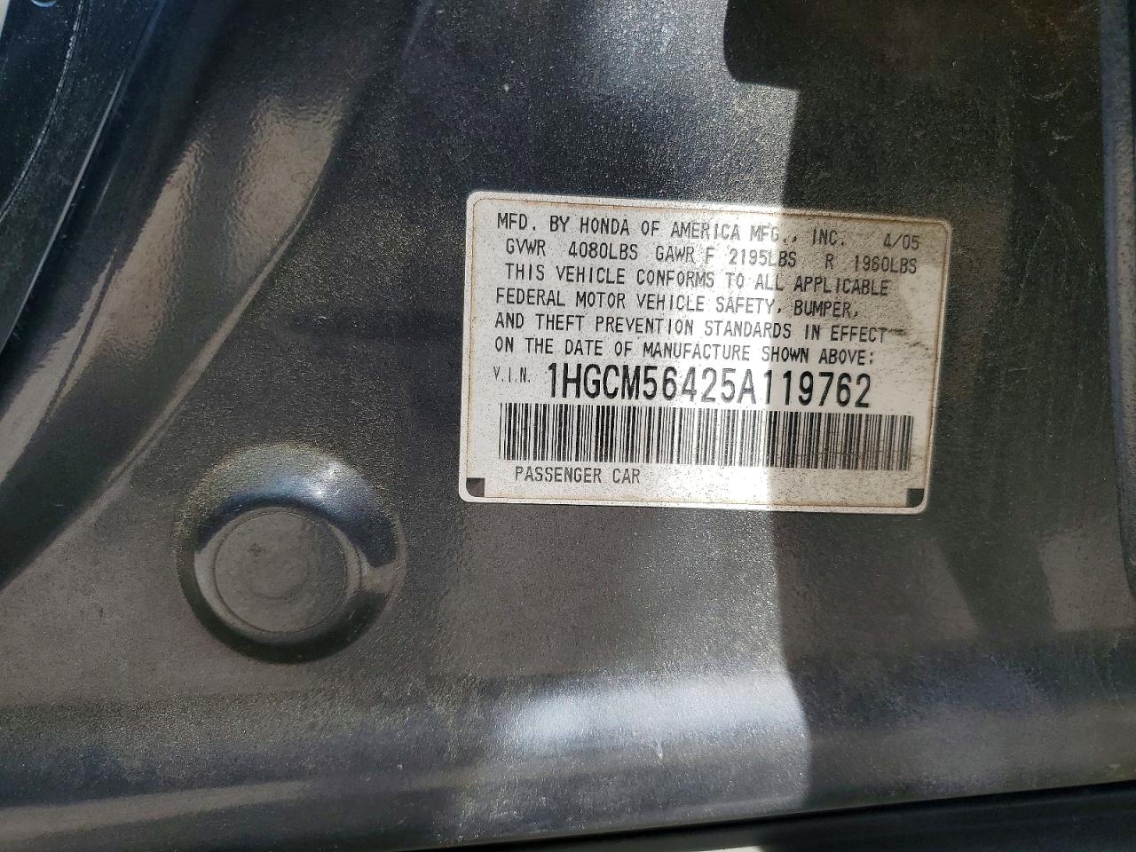 2005 Honda Accord Lx Gray vin: 1HGCM56425A119762