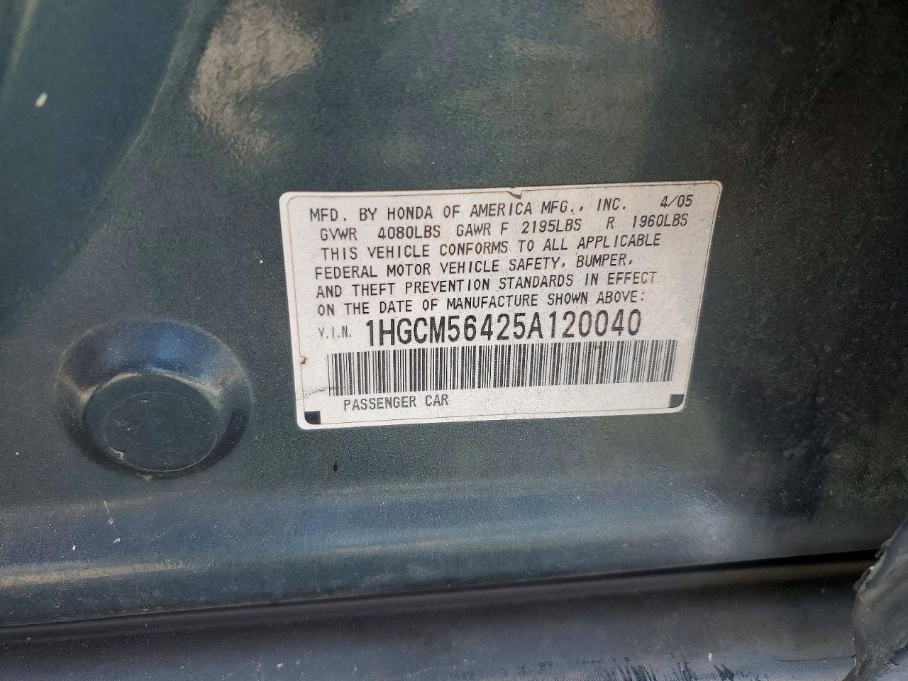 2005 Honda Accord Lx Blue vin: 1HGCM56425A120040
